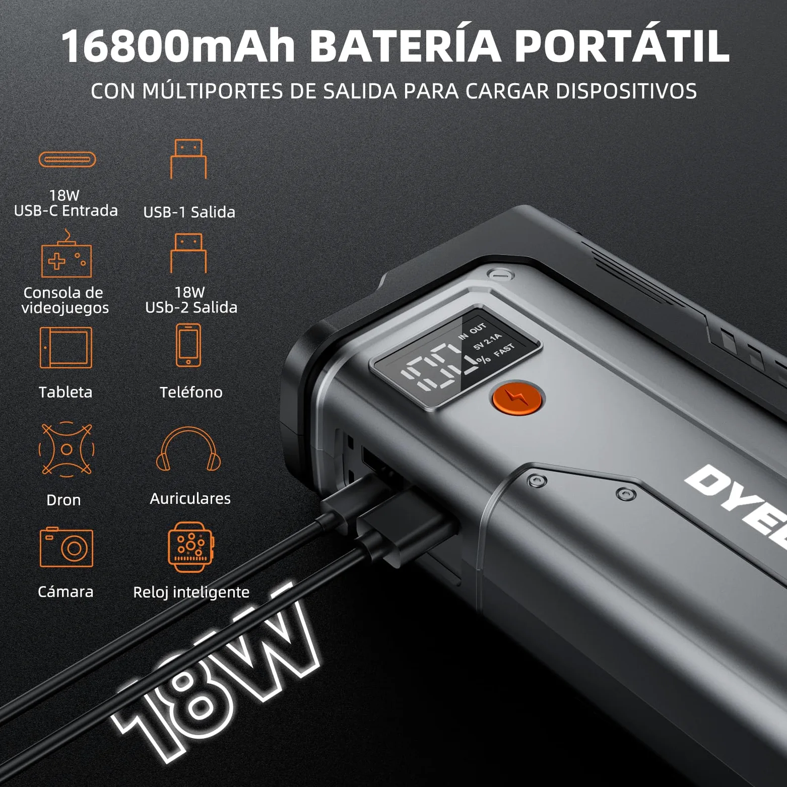 Arrancador de Coche, 6000A Arrancadores de batería de Coche,12V Jump Starter Portátil (para All Gasolina o 10L Diesel) con 18W Carga Rápida, Linterna LED de Emergencia, Cables de Arranque