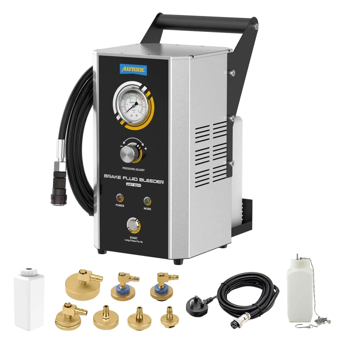 AUTOOL Purga de Freno Eléctrica- AST609 220V Equipo de Purga de Frenos Automático Pulsante con Bomba de Aire Incorporada y 7 Adaptador Presión Ajustable 0,5~2,5Bar para Vehículos
