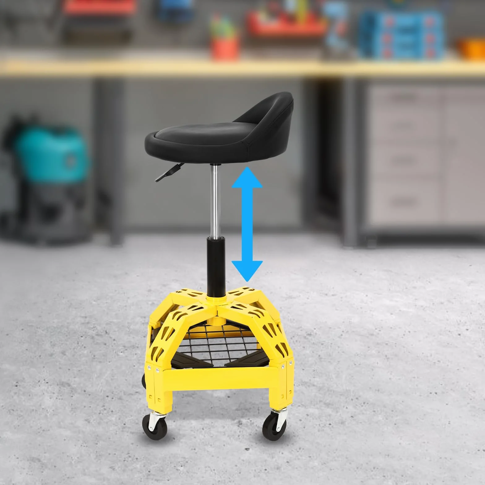 Taburete de Taller con Ruedas, Taburete Mecánico Altura Regulable 22-36.5cm, con Bandeja para Herramientas y Cuatro Ruedas Giratorias De 360, Carga Total 130Kg, para Taller y Garaje
