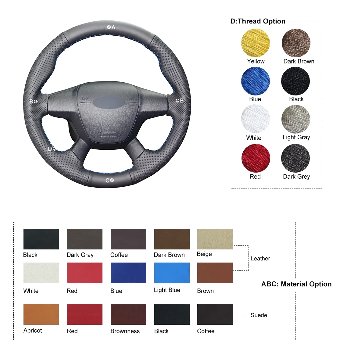 Fundas de Volante de Cuero Genuino Negro Cosidas a Mano para Ford Focus 2011-2014, C-MAX (Grand C-MAX) 2010-2015 y Kuga 2012-2016.