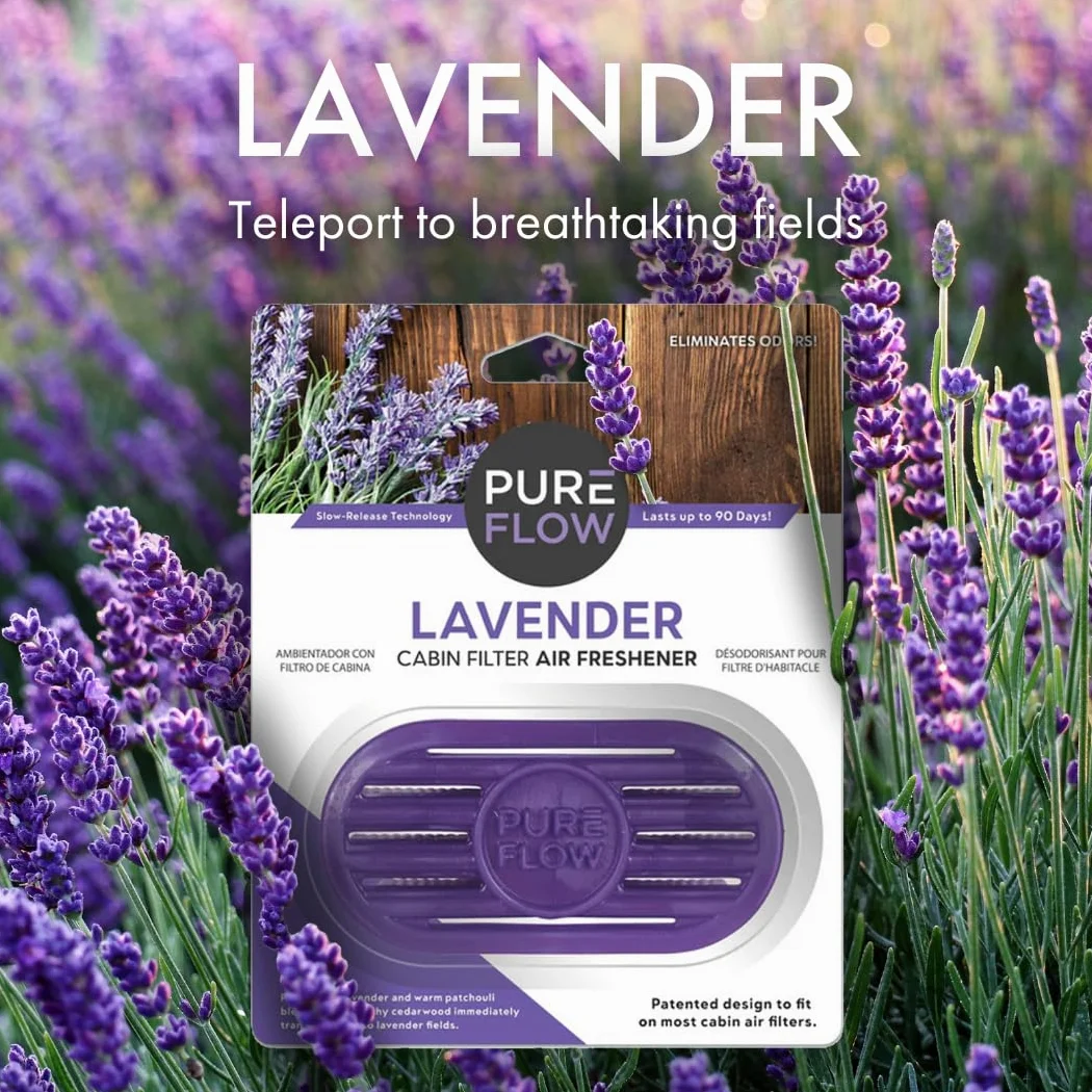 Pureflow Ambientador con filtro de cabina con eliminador de olores, se adapta a la mayoría de filtros de aire de cabina de automóviles, camiones y SUV, lavanda (paquete de 2)