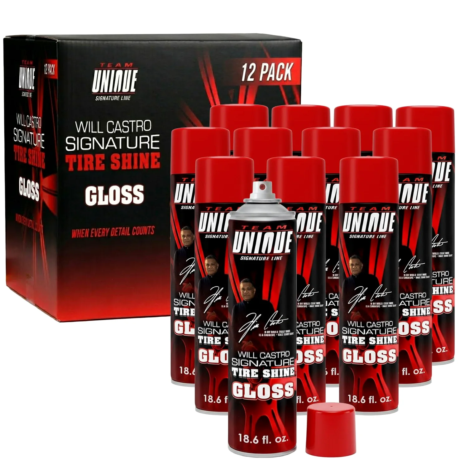 Team Unique Brillo de neumáticos – 18 onzas, paquete de 12 | Fórmula de alto brillo para un máximo brillo de neumáticos | Protege contra grietas y decoloración | Spray no graso y de baja caída para