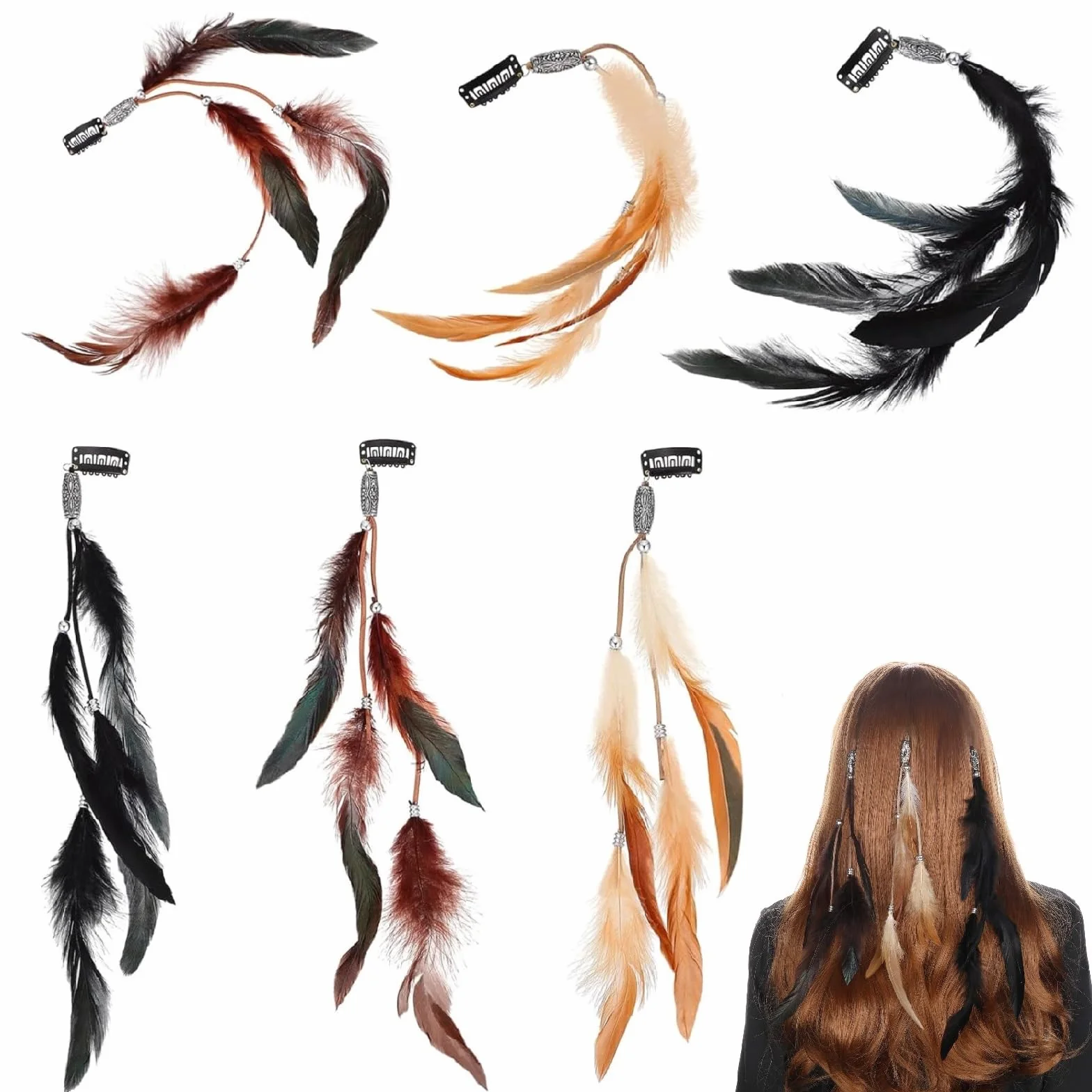 Boho Hippie Clips Cabello Plumas, 6PCS Mujer Pluma Extensiones, Accesorios Festival Halloween