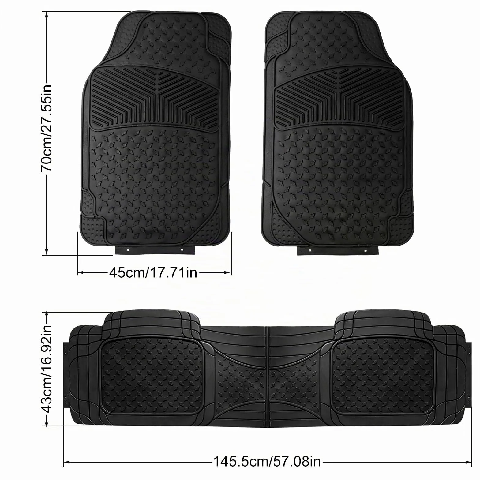 Alfombrillas de Goma Universales para Coche, Alfombrillas de Caucho Antideslizantes Ajustables, Juego 4 Piezas, Delanteras 44,5x72 cm, Traseras 43,5x43,5 cm, Color Negro