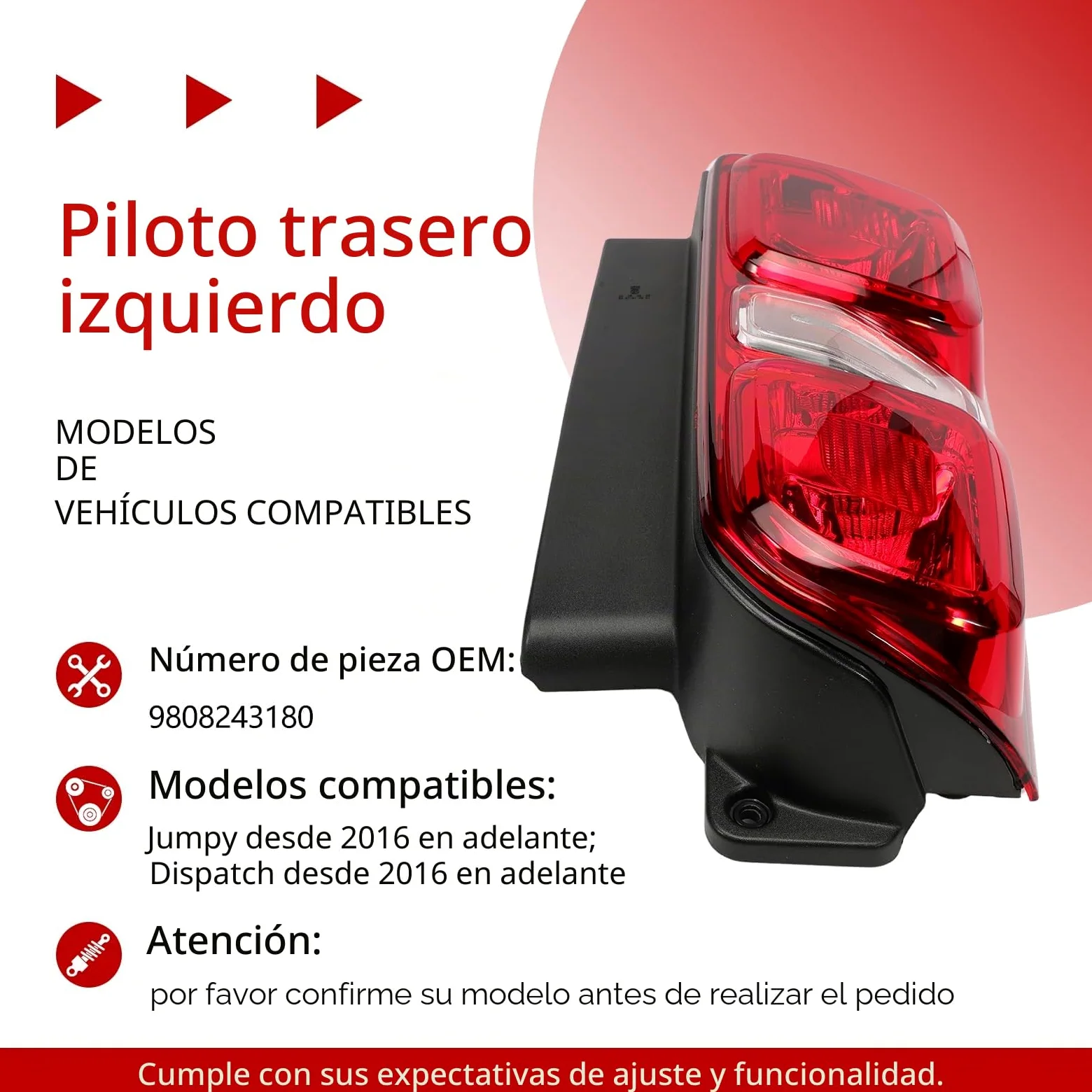 Piloto Trasero Izquierda para Expert Traveller Jumpy 2016+ Vivaro C 2019+ | Faro Trasero Spacetourer Proace 2016+,Zafira Life 2019+ luz freno, luz marcha atrás, intermitente luz posición 9808243180