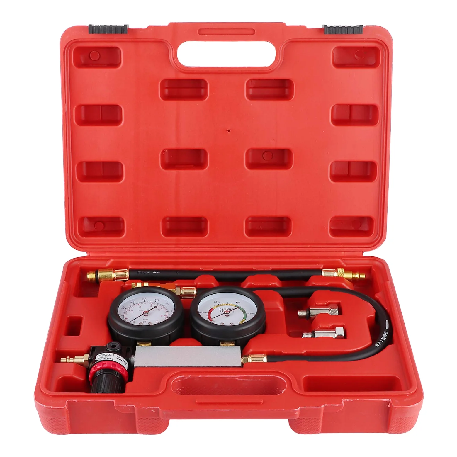 Kit de comprobador de Fugas de Cilindros, Kit Detector de Fugas de compresión con manómetro Doble, comprobador de compresión de Motores de Gasolina