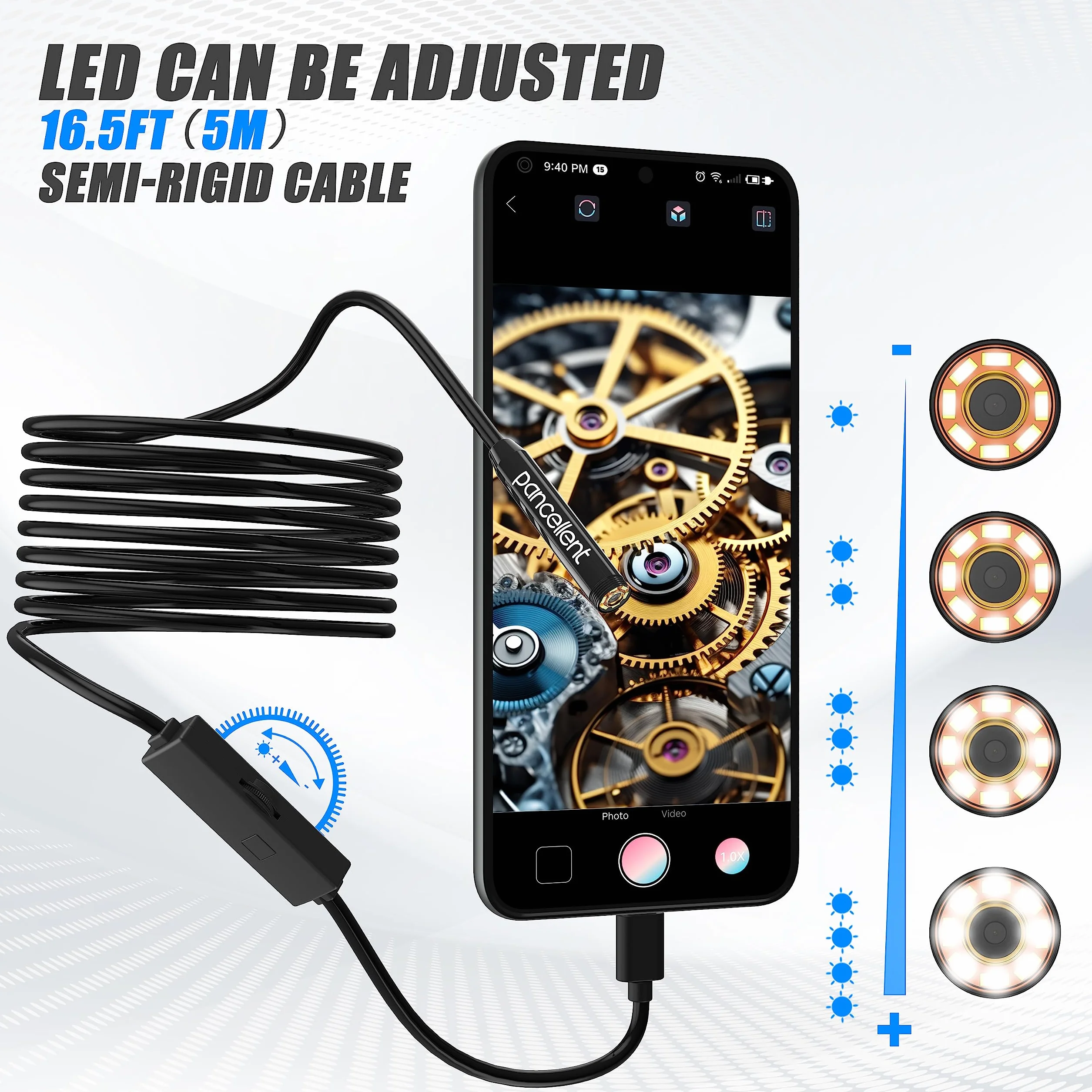 Boroscopio de inspección de Serpiente de Doble Lente 1920P, endoscopio pancellent Tipo C, cámara de Alcance con 8 Luces LED para Smartphone Android e iOS, iPhone, iPad, Samsung (5 M)