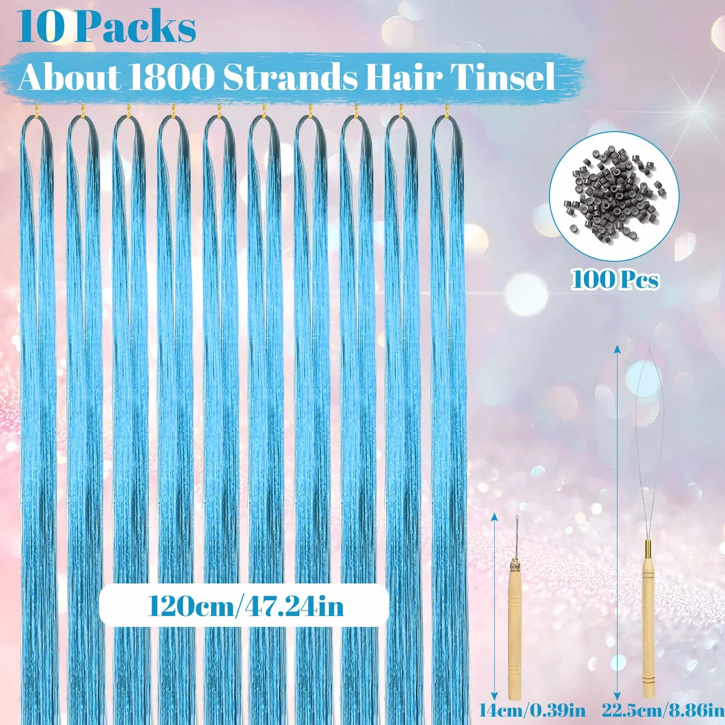 Kit de Tinsel Azul de 47 Pulgadas, Mechones de Extensiones de Pelo Brillante para Mujeres y Niñas, Accesorios de Fiesta