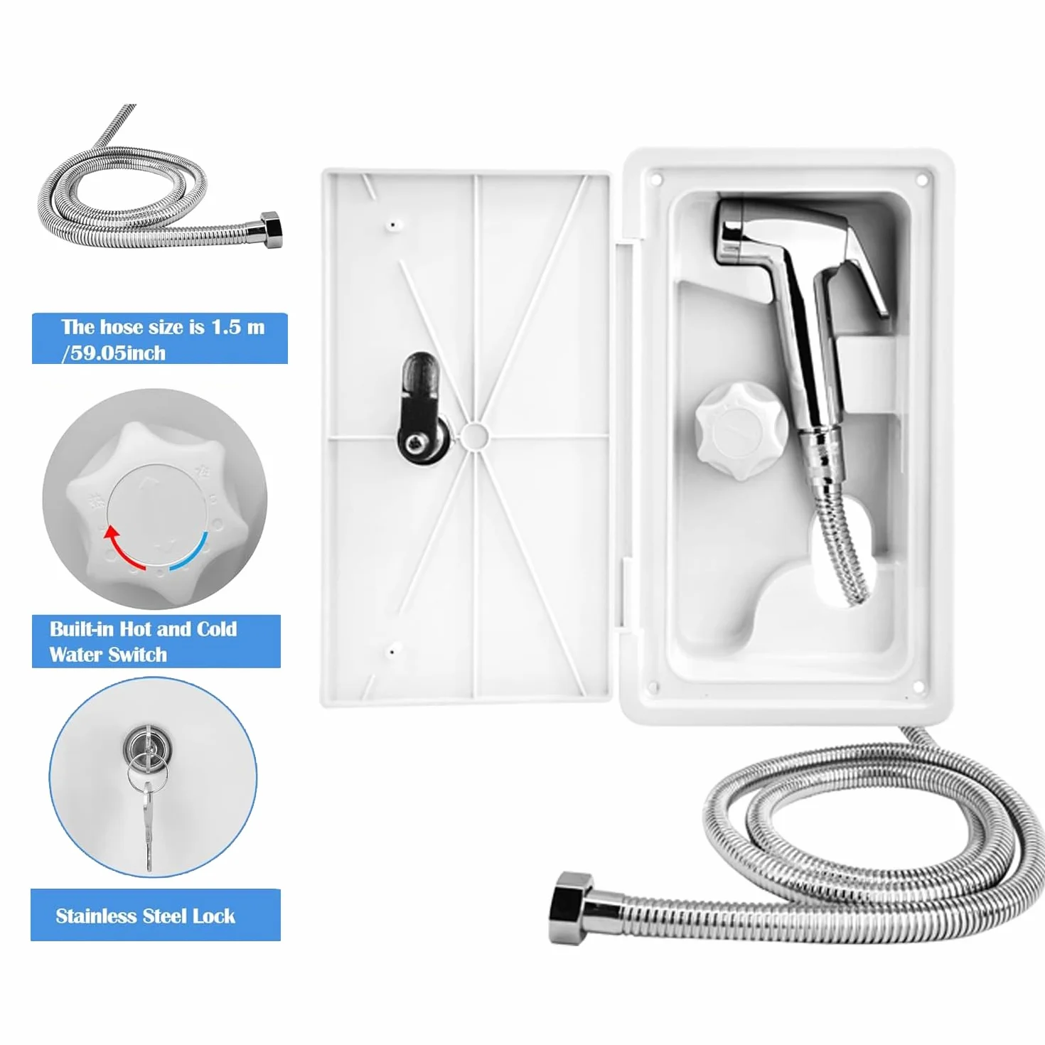 Ducha Camper, Extensible Ducha para Autocaravana, TOOSOAR Blanca Ducha para Camping con Manguera Metálica de 1.5 M, Exterior Botón Unico Ducha para Caravana