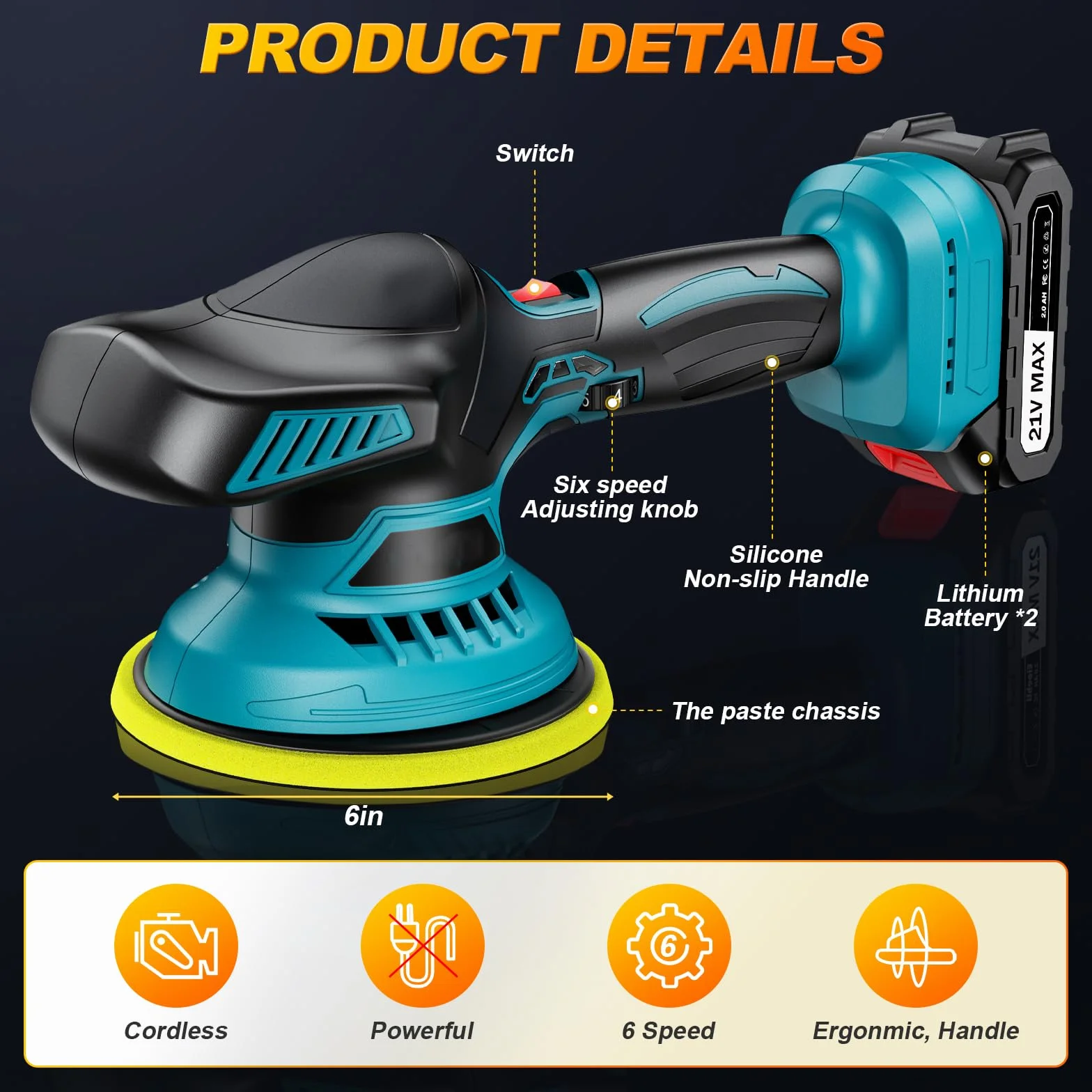 Pulidora Coche Inalámbrica 150 mm Orbital Doble Acción con 2×21V 2000mAh Baterías, Kit 13 Piezas, 6 Velocidades Ajustables 5500RPM, Pulidora Batería para Encerar, Eliminar Arañazos y Renovar Pintura