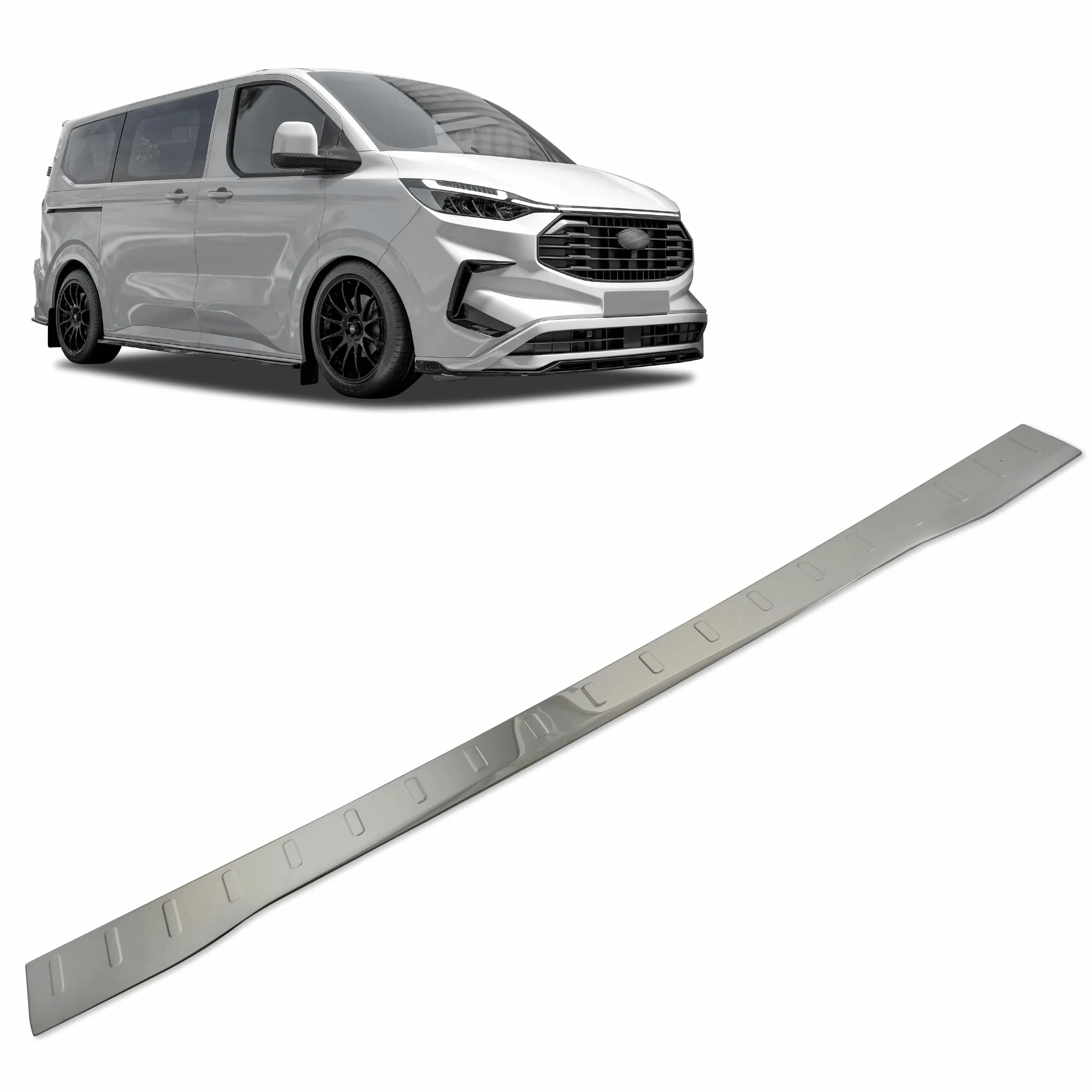 CHROMEMASTER | Protector de Parachoques Trasero Compatible con Ford Tourneo Custom 2023+; Acero Inoxidable, Pulido, Cromo Negro; Tira Protectora Protege la Pintura del Parachoques Trasero de Daños