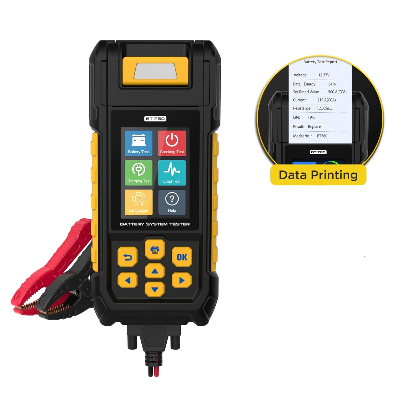 Analizador de batería BT760 30-2000 CCA Prueba de batería/carga/carga/arranque para vehículos de 8-32 V HD-Vans Camiones Motocicletas Impresora incorporada con 3 rollos de papel de impresora 14
