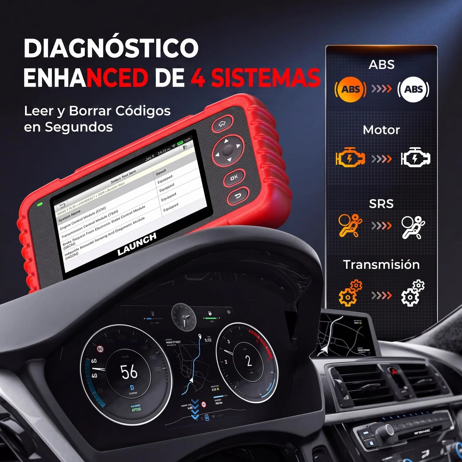 LAUNCH CRP123X V3.0 64G - Dispositivo de diagnóstico profesional OBD2 para todos los coches y marcas - Diagnóstico de 4 sistemas con reinicio: servicio de aceite EPB DPF, prueba de batería SAS/BMS