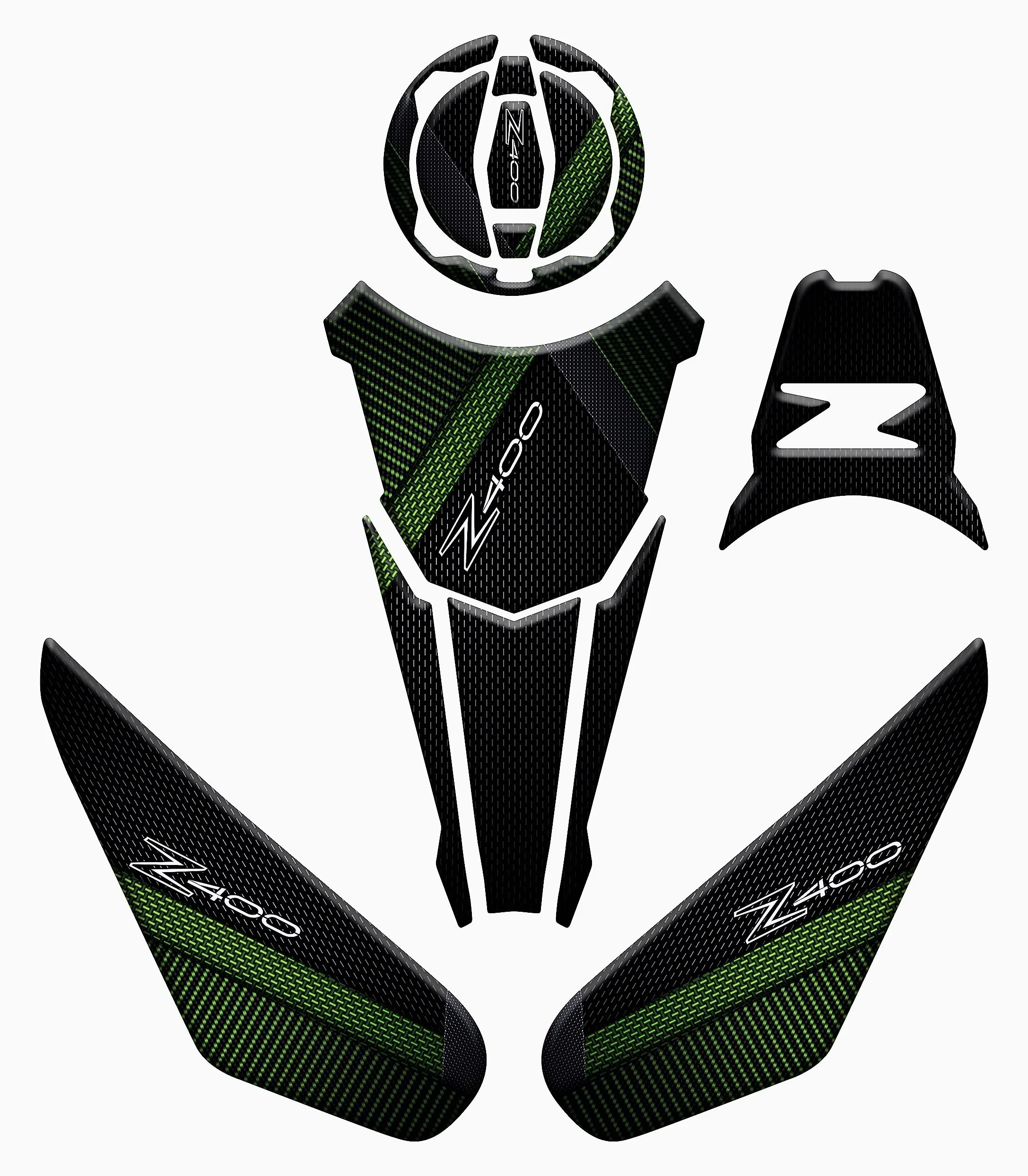 Adhesivo resinado Efecto 3D para Moto Compatible con Kawasaki Z400 (Verde Claro, Kit Protector de depósito y Protecciones Varias)
