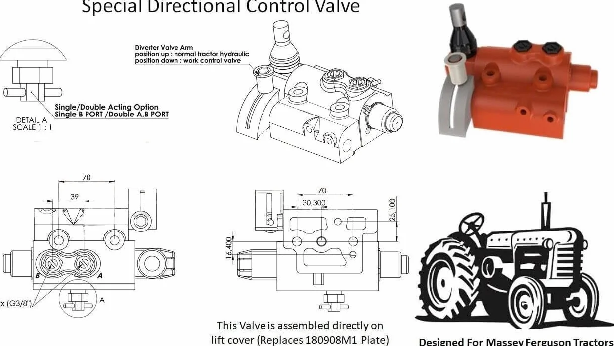 Kit de Válvula Remota Hidráulica Trasera para Massey Ferguson MF 35 50 65 135 150 - 1 x DW - Naranja