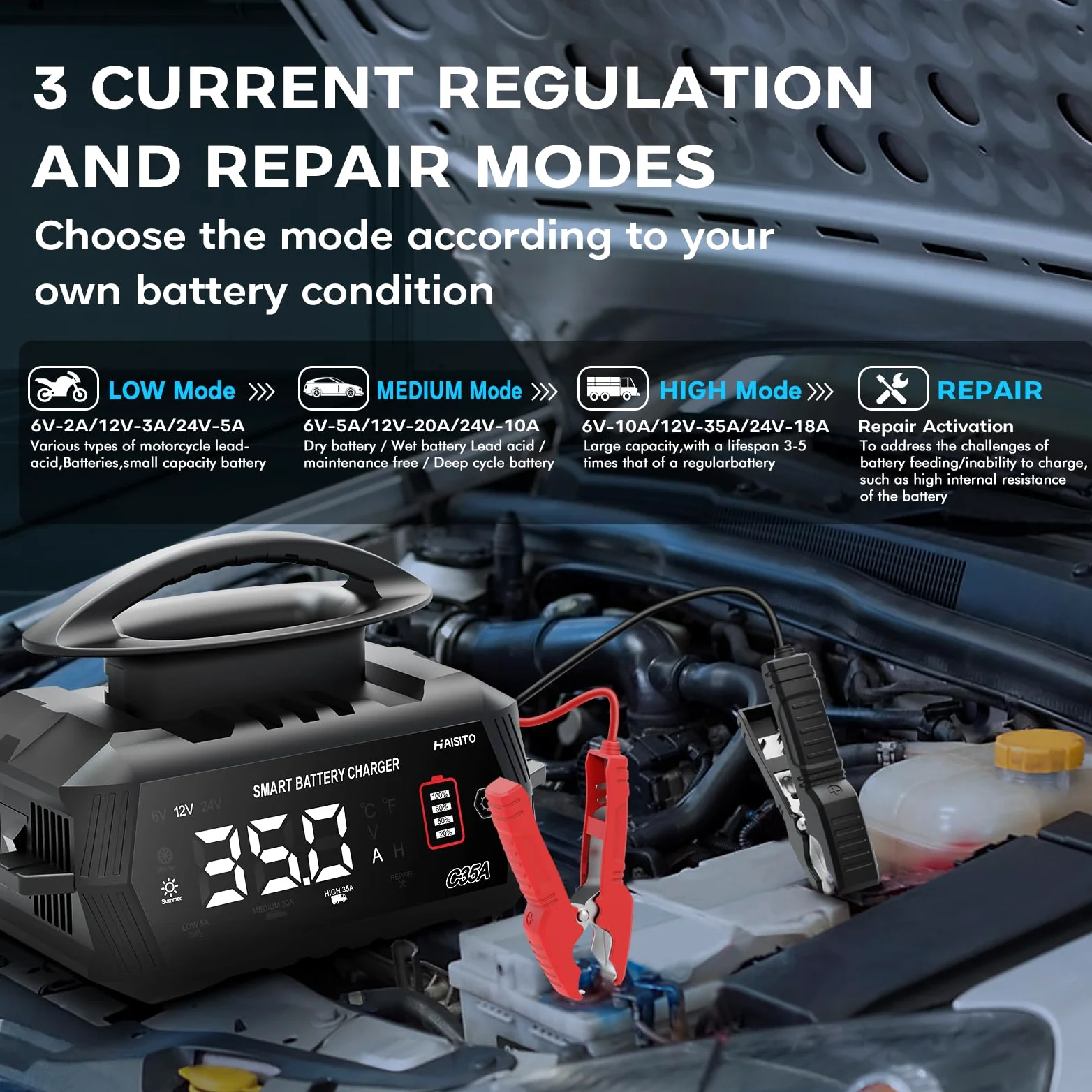 Haisito C35A - Cargador de batería de coche de 6 V/12 V/24 V para coche, moto, cortacésped, barco, litio, LiFePO4 y ácido de plomo (AGM, gel, MF, EFB, SLA, VRLA.