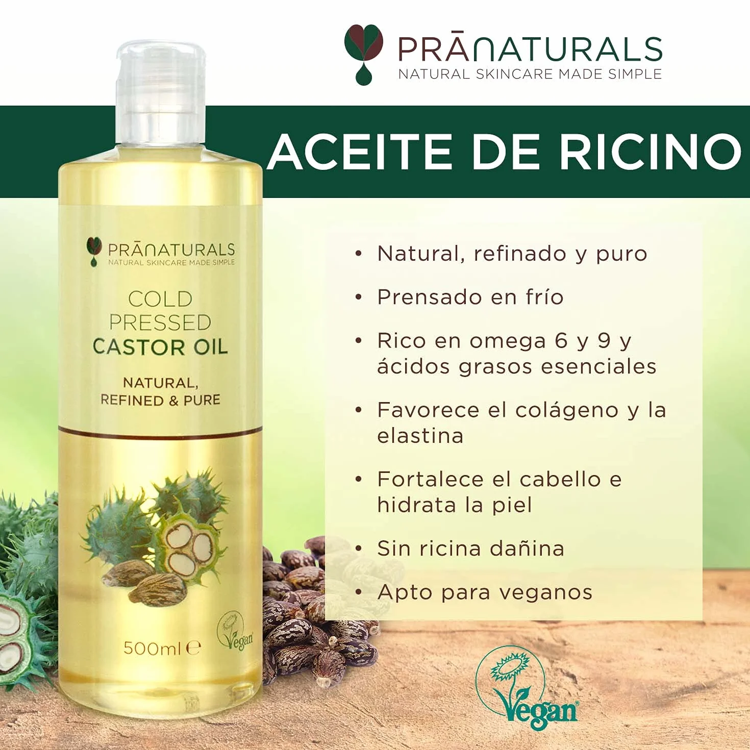 Aceite de ricino prensado en frío 500ml 100% vegano natural para crecimiento pelo pestañas piel suave omega 6 y 9