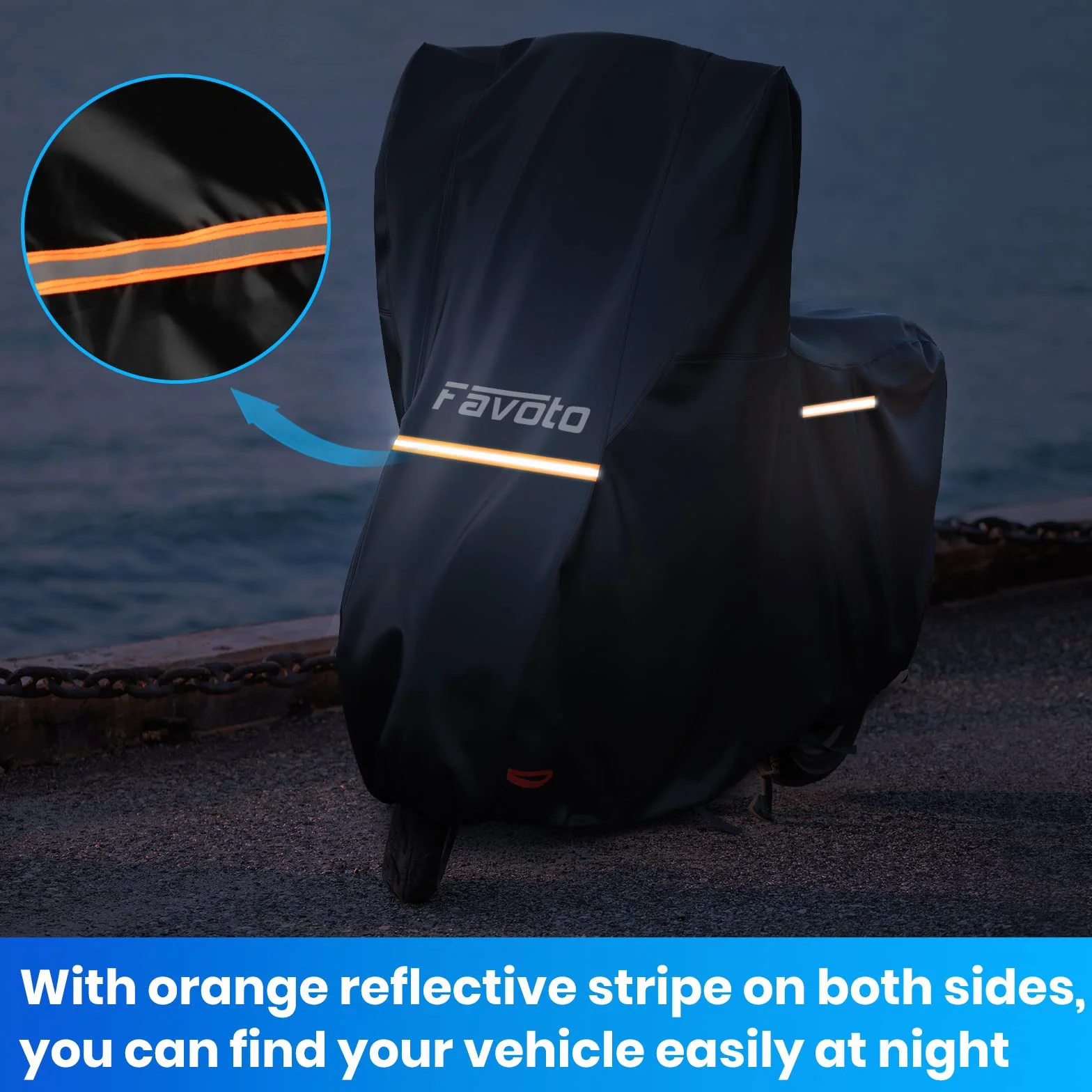 Favoto Funda para Moto Cubierta de Motocicleta 210D Oxford con Parabrisas Alto Tiras Reflectantes, Resistente a Agua Polvo Lluvia Viento Excrementos de Pájaros, 245x105x160cm Negro