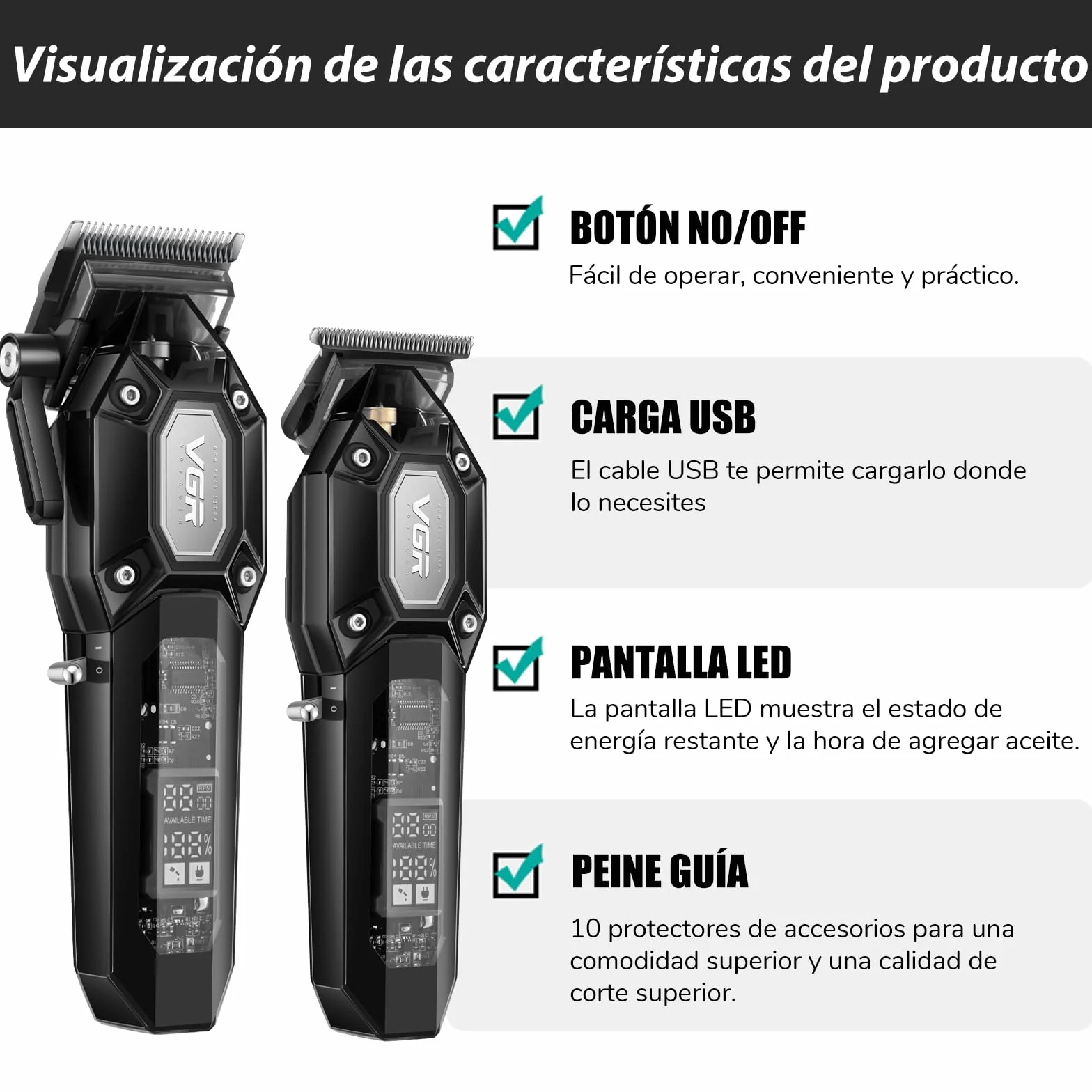 VGR Maquina Cortar Pelo Profesional Inalámbrico Kit con 10 Peines Guía, Pantalla LED, Carga USB, Negro