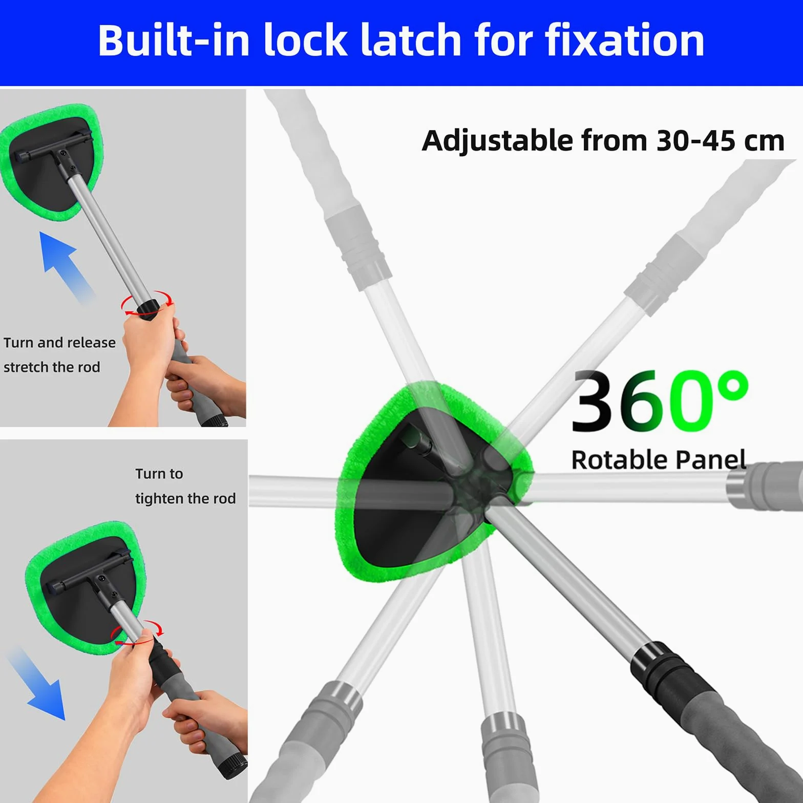 Desin Windshield Cleaning Tool, Car Window Cleaner Windshield Cleaner with 4 Reusable and Washable Microfiber Pads and Extendable Handle Auto Inside Glass Wiper Kit (Green)