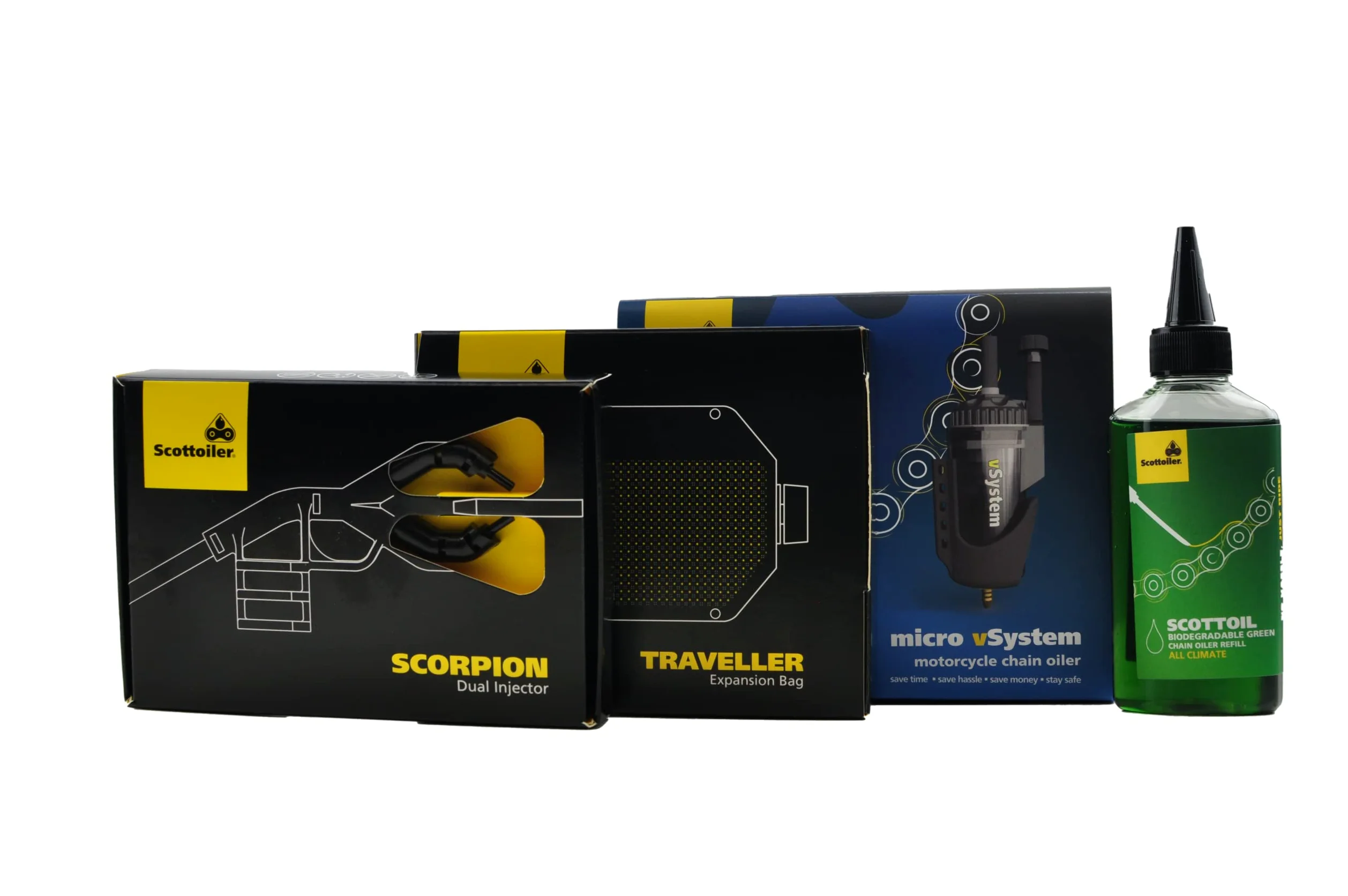 Scottoiler Bundle de Inicio Todo en Uno - Essentials micro-vSystem, Bolsa de Expansión Traveller, Inyector Dual Scorpion y aceite de recarga Scottoil Verde Biodegradable 250ml