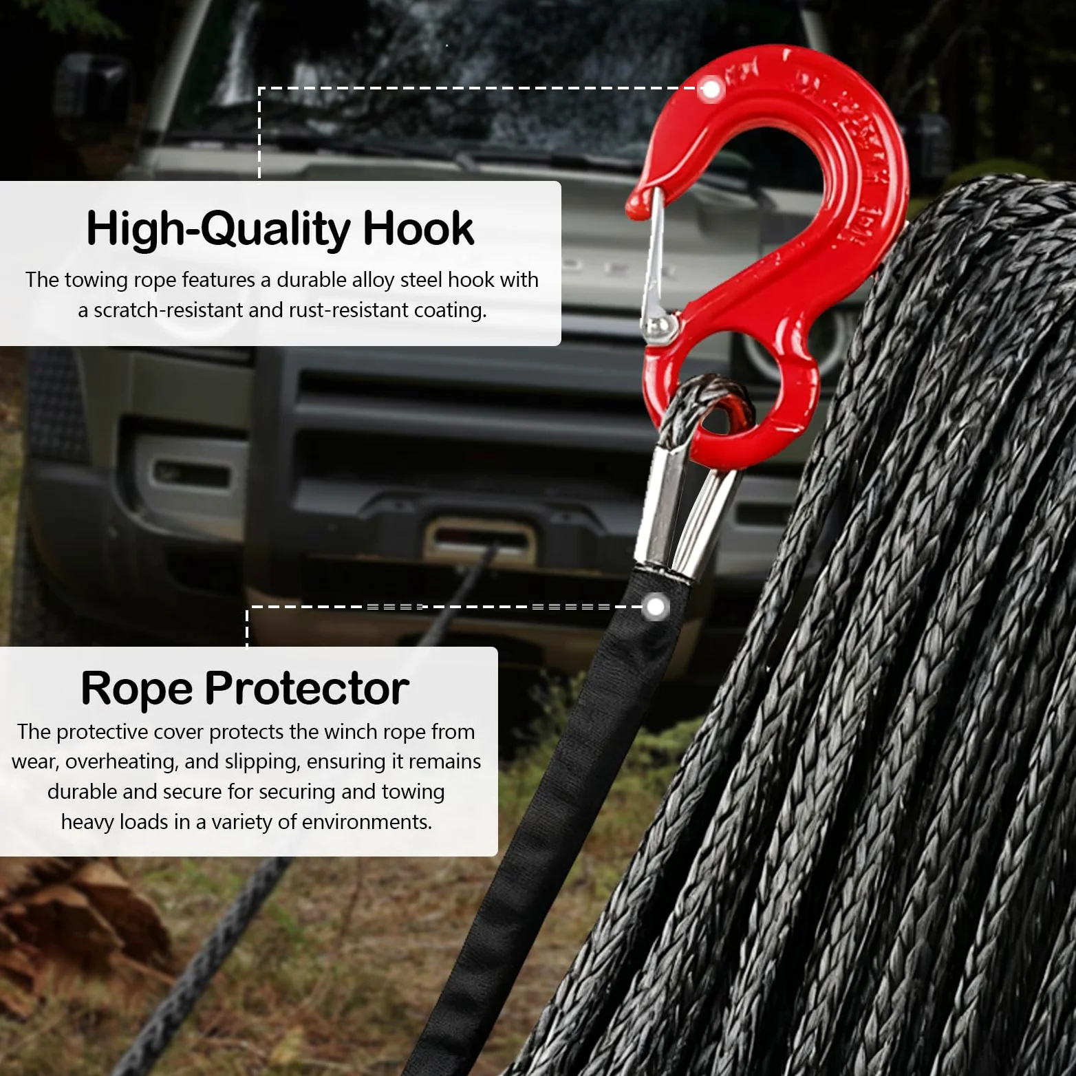 Cuerda de Remolque para Coche, Cabestrante 15m Largo 8mm Diámetro Cuerda Sintética de 12 Hilos 6000kg / 13228 Libra Cuerda de Plástico Cuerda de Remolque con Gancho Metálico para SUV ATV UTV, Negro