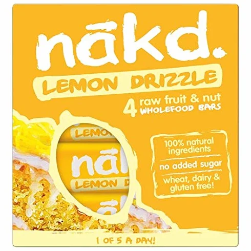 Nakd barras Gateau limón/Lemon Drizzle – sin gluten, sin lactosa, Crue Certificado Paléo, Vegan | 4 barras