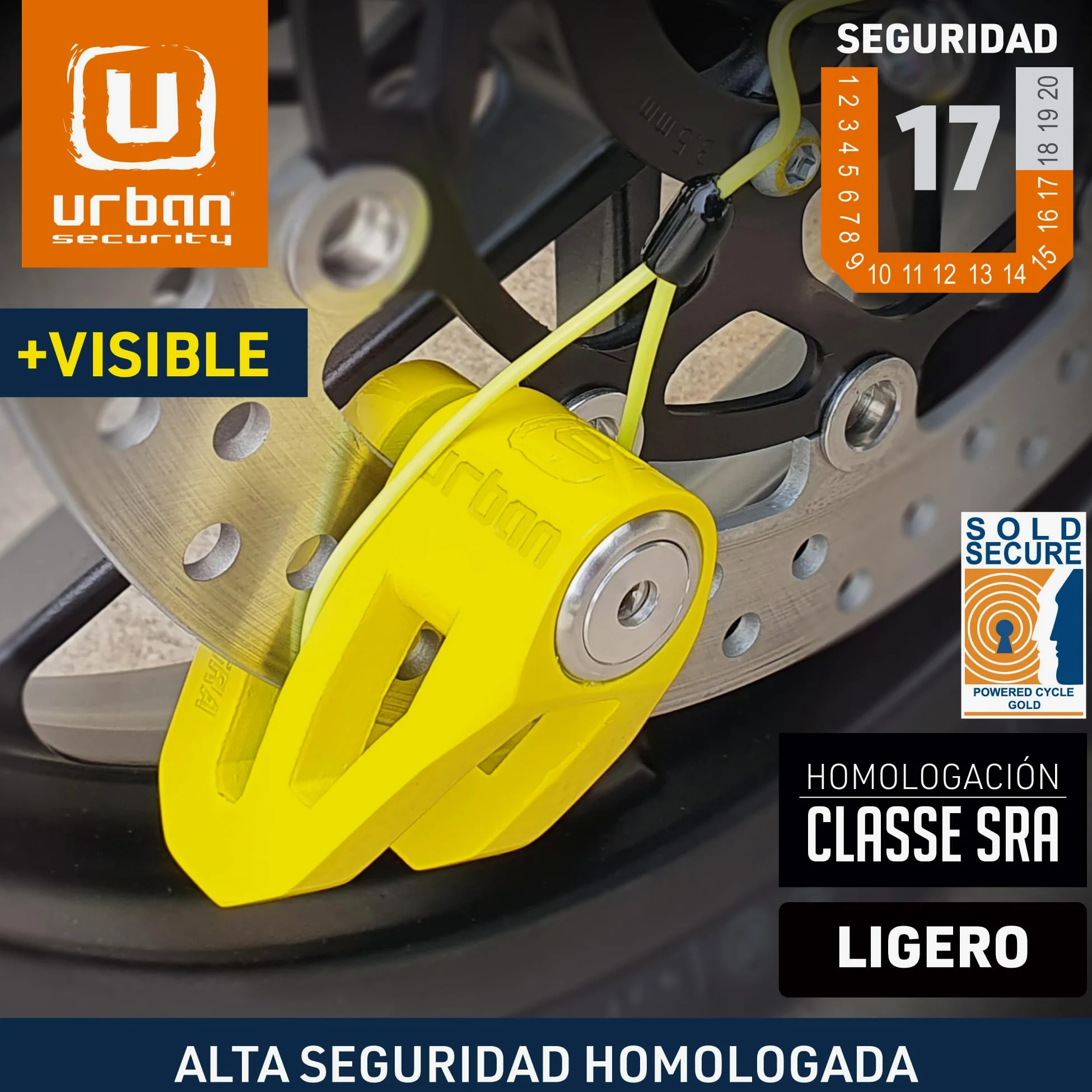 URBAN UR210Y Candado Moto Homologado SRA, Antirrobo Disco Máxima Seguridad, Testado Doble Bloqueo ø10mm, Cerradura Anti-Taladro, Arquitectura Ligera, Cepo Pinza Motos y Scooter, Acero Inox Amarillo