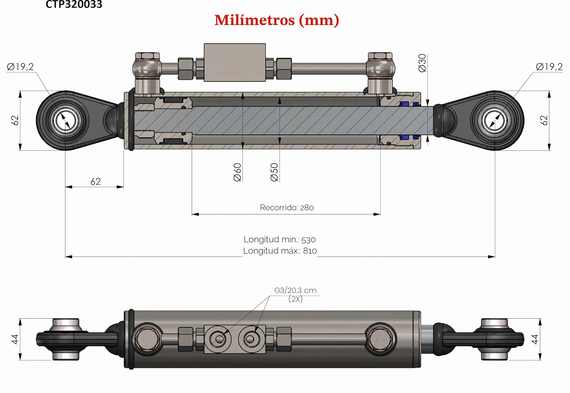 Tercer Punto Hidráulico Cat 1-1 (530 - 810 mm) con Bloque de Bloqueo y 2 Mangueras