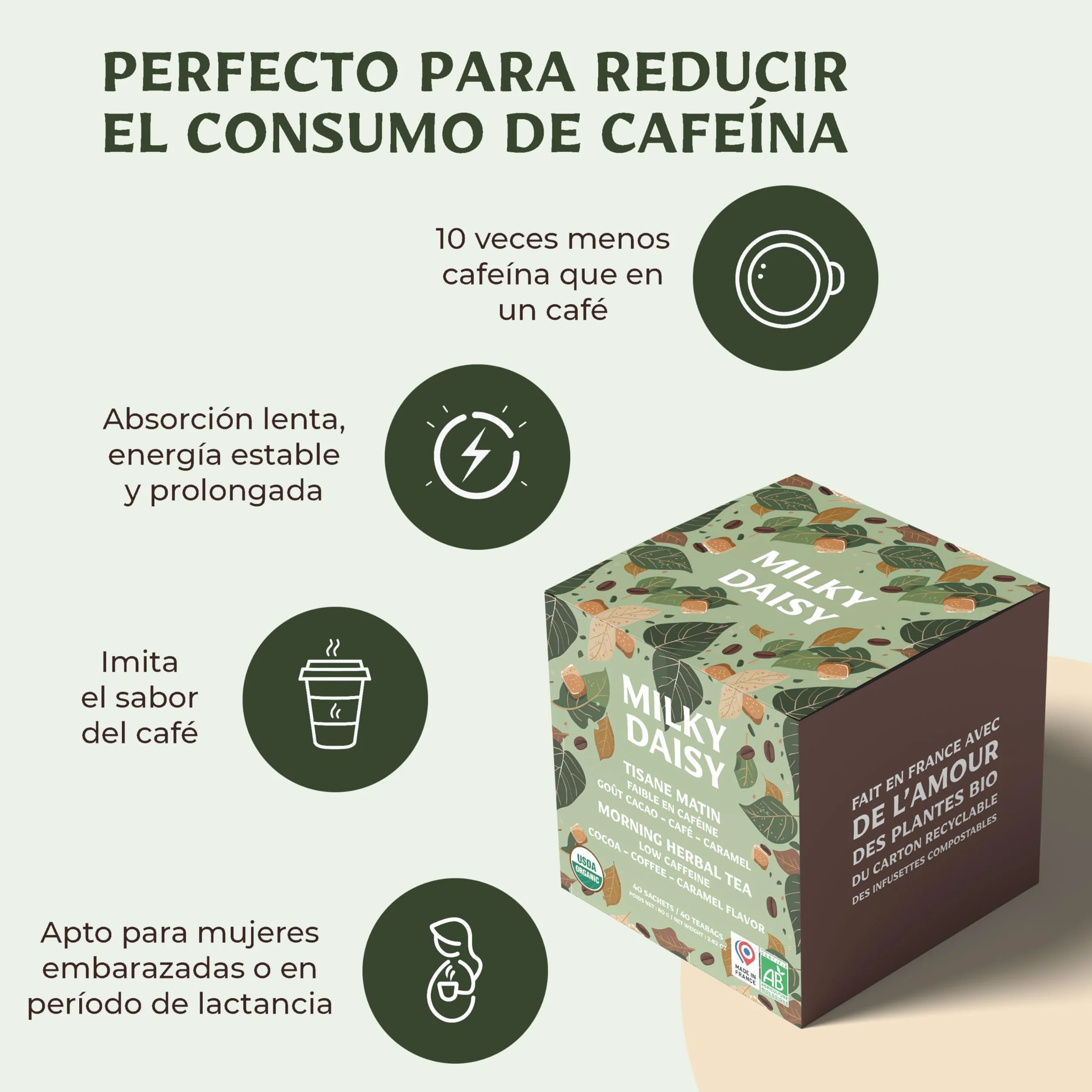 Milky Daisy Té Matutino Orgánico Sustituto del Café Sabor Cacao Café Caramelo Energizante Bajo en Cafeína 40 Bolsitas