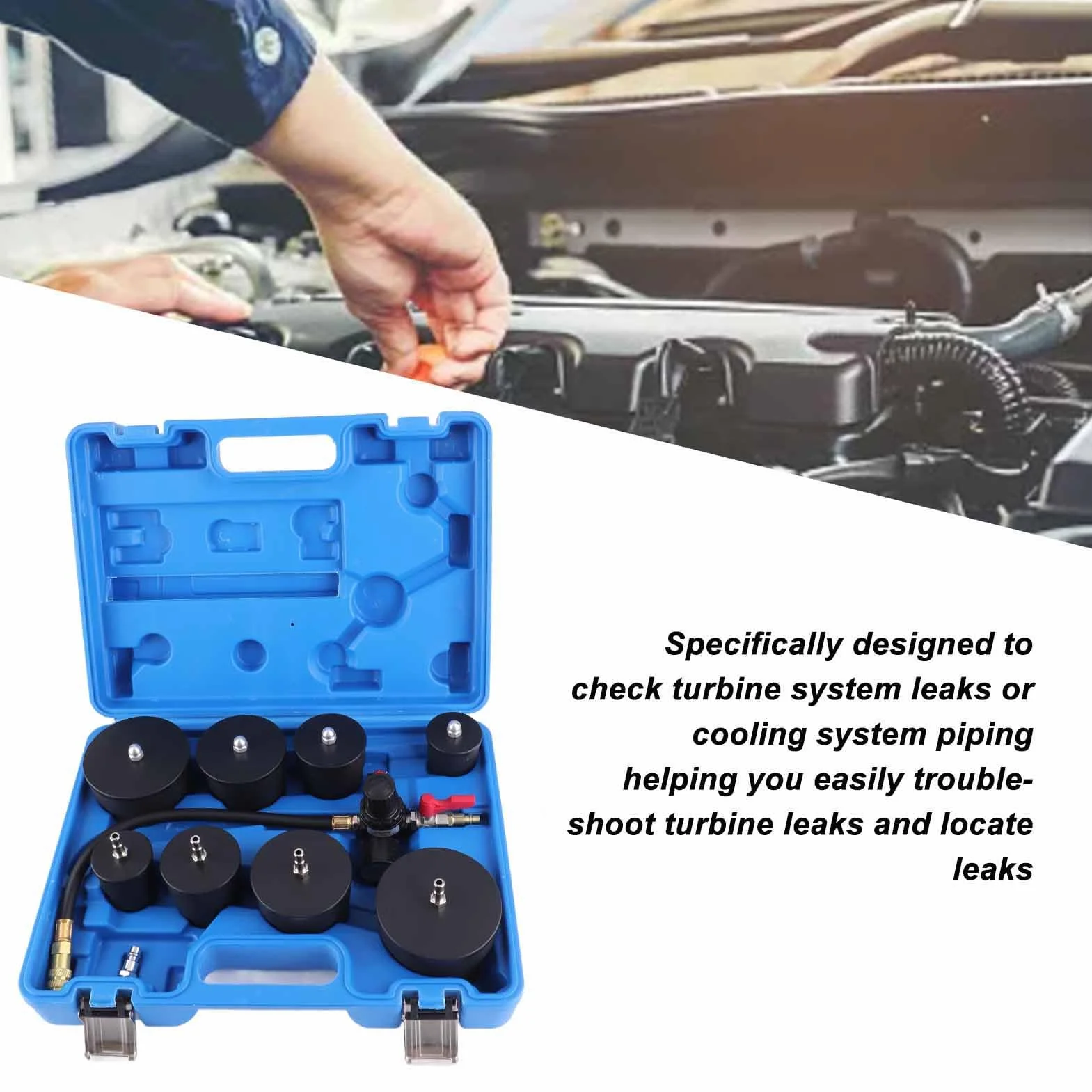 Kit de prueba de fugas de turbo de 9 piezas, probador de fugas de turbocompresor con manómetro, kit de prueba de fugas de presión de aire de 0 6 bar para la mayoría de vehículos