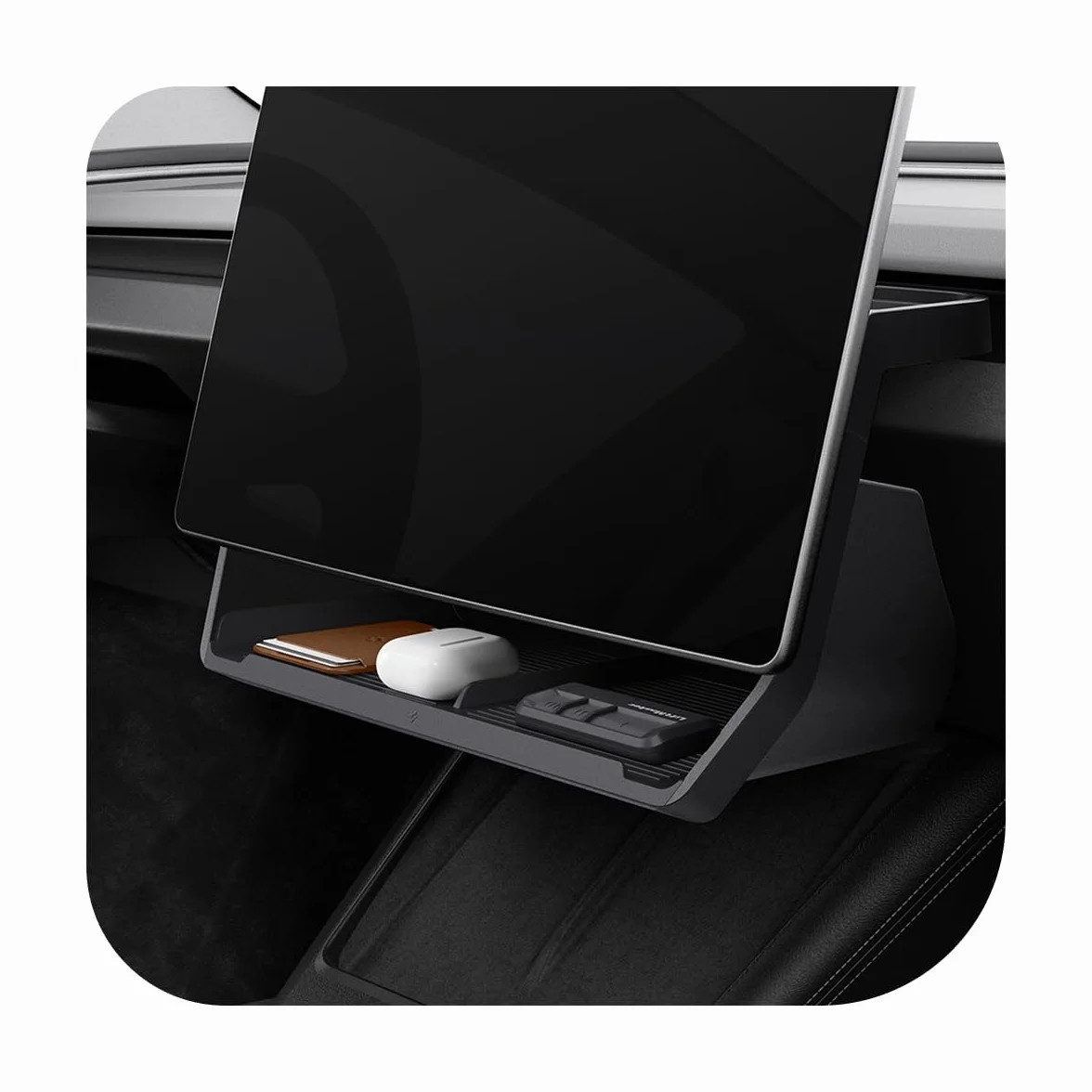 Spigen Tesla Model Y 2025 2026 Juniper y Model 3 Highland 2024 2025 2026 Organizador de Almacenamiento, Debajo de la Pantalla, Diseñado para Accesorios Tesla Model 3 - Negro