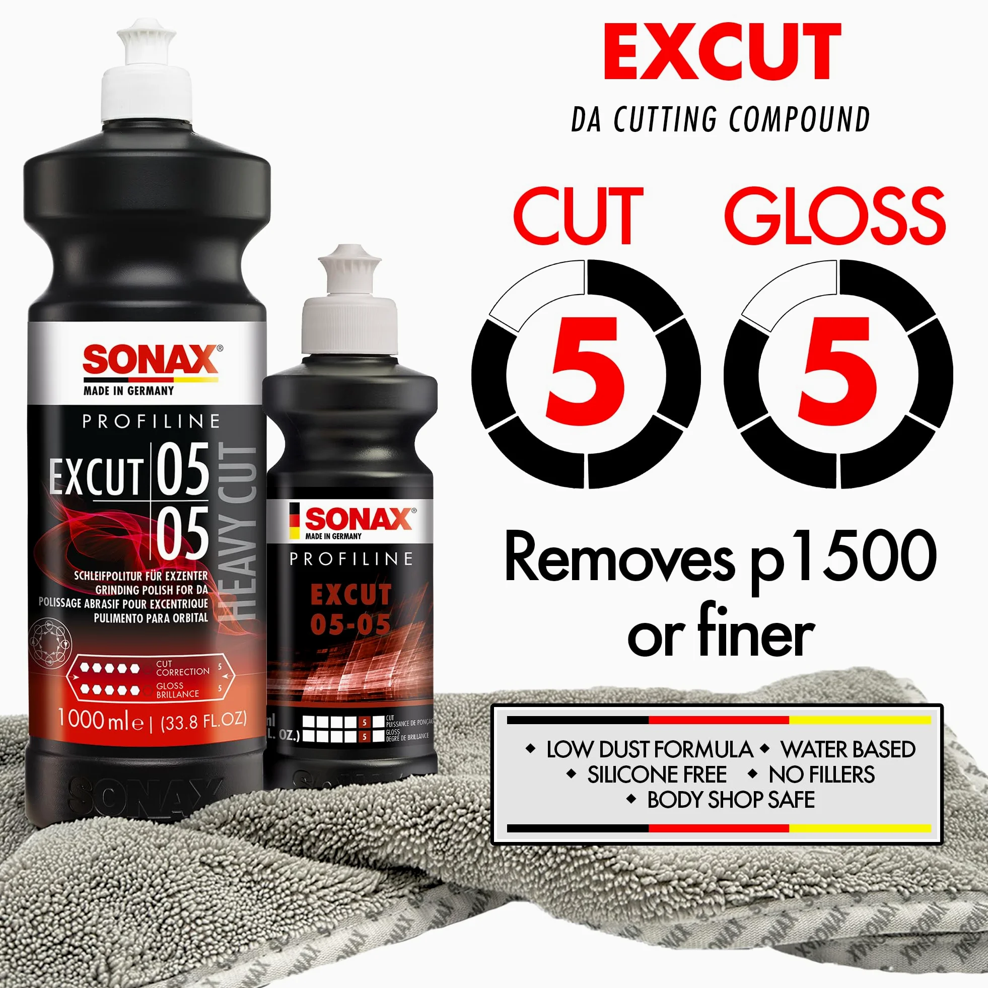 SONAX PROFILINE ExCut 05-05 (1L) pasta de lijado abrasiva | Para pulidoras excéntricas en combinación con la almohadilla de lana híbrida. Elimina las zonas lijadas de hasta P1500.