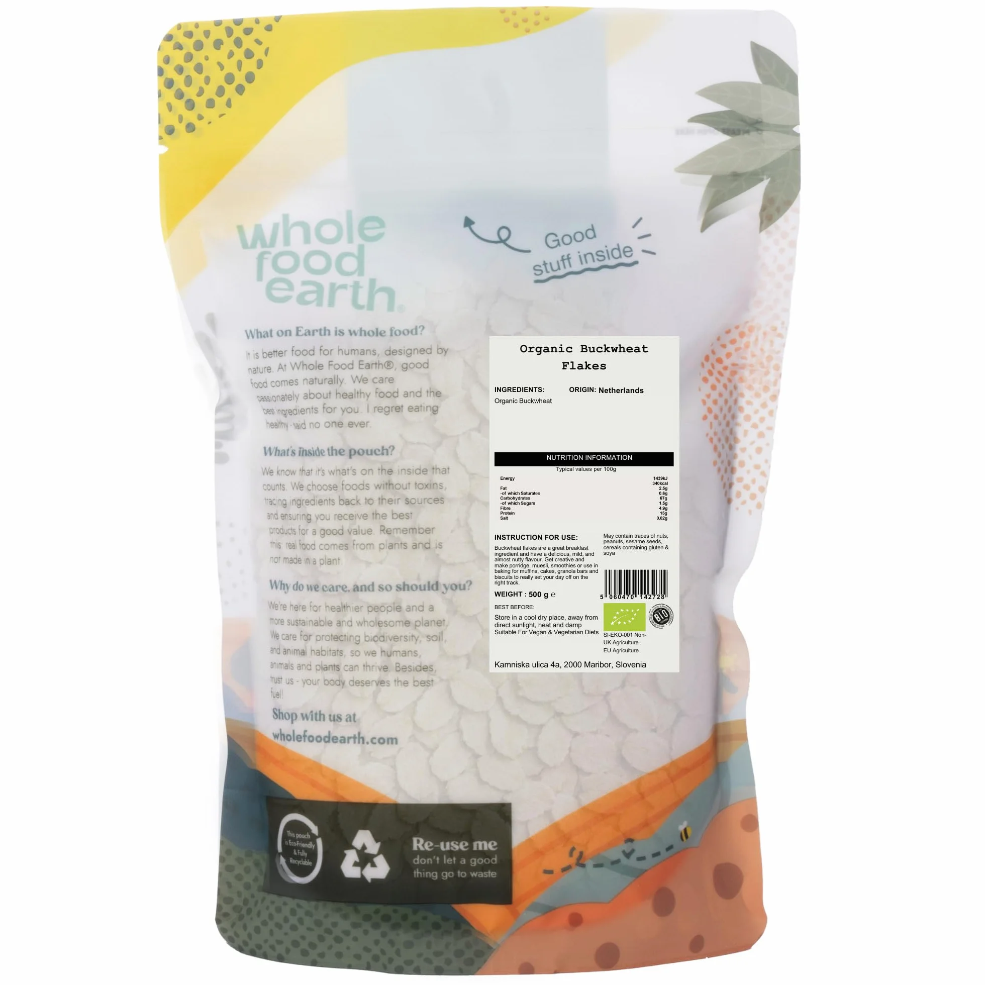 Wholefood Earth Copos de trigo sarraceno ecológico 500 g vegano fuente de fibra