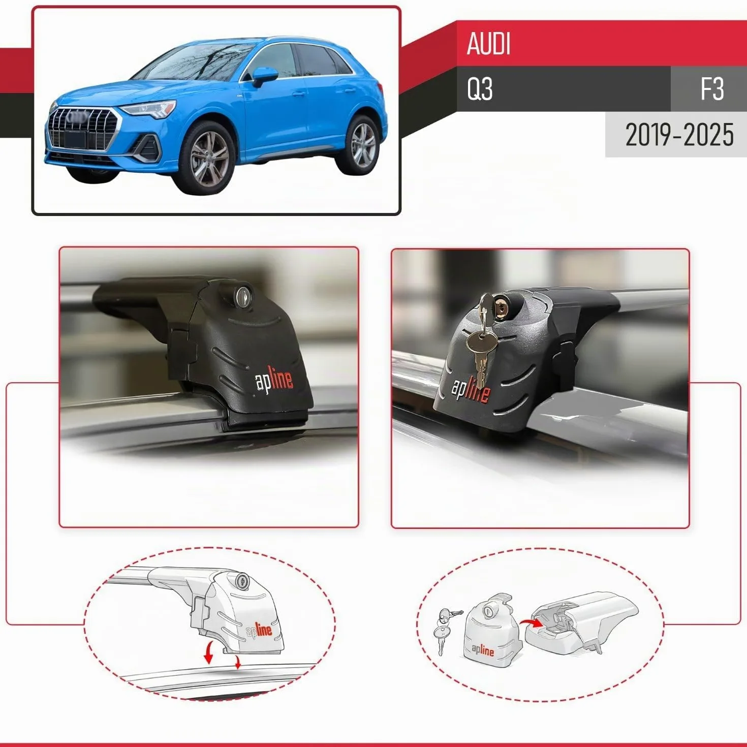 Compatible con Audi Q3 (F3) 2019-2025 Modelo Ace-2 Barra de Techo Auto Portaequipajes Barras Transversales Gris Aluminio 2 Barras