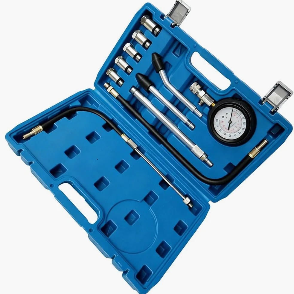 KiraKira Kit de comprobador de compresión de motor de coche, 300 PSI, juego de medidores de conexión rápida con adaptadores de 18 mm, 14 mm, 12 mm, 10 mm, 16 mm, cilindro de detección de fugas