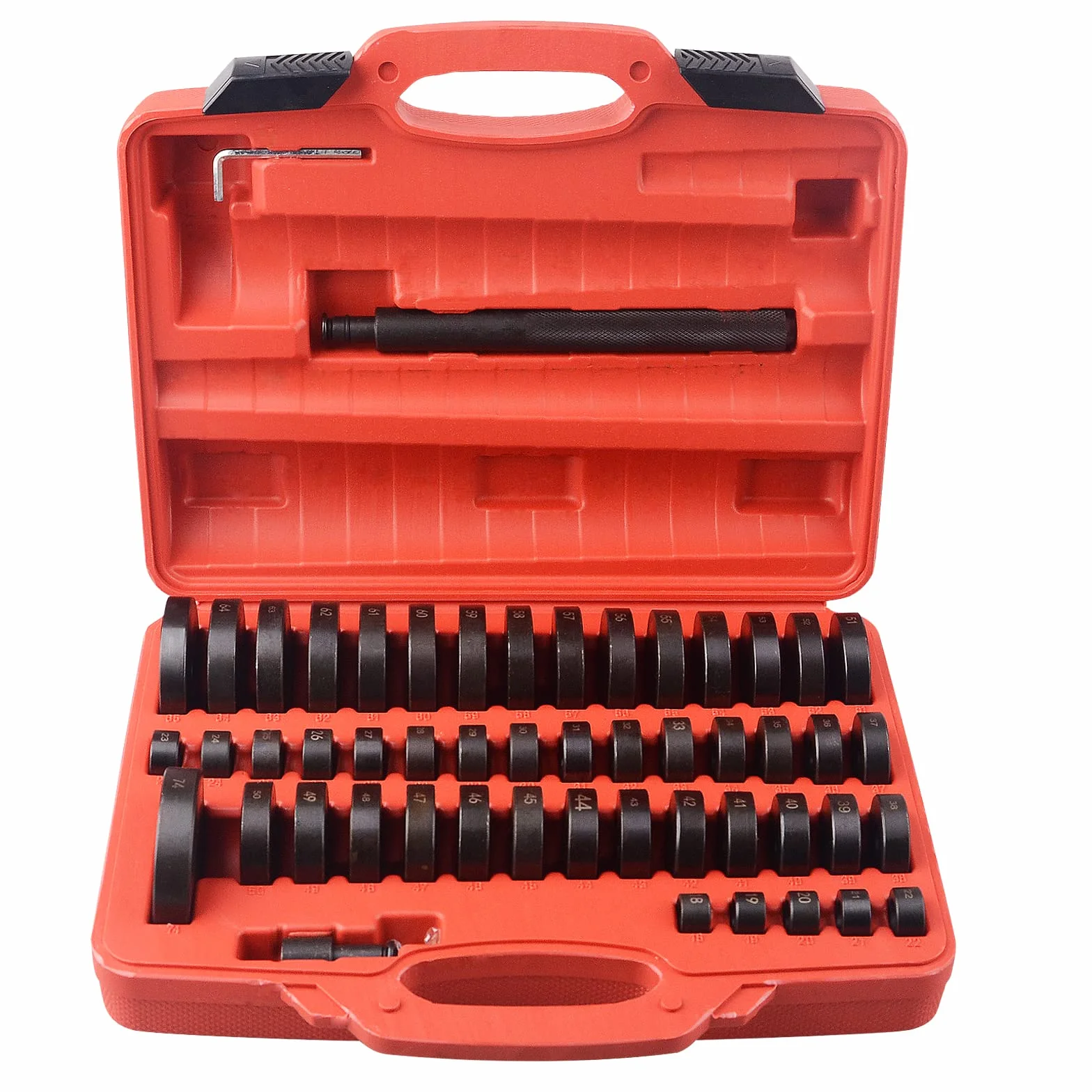 DAYUAN Juego de 52 piezas de discos de montaje para rodamientos de rueda, juntas de sellado radial, casquillos, copas, gomas, extractor, pieza de presión, juego de instalación para prensar 18-65 mm
