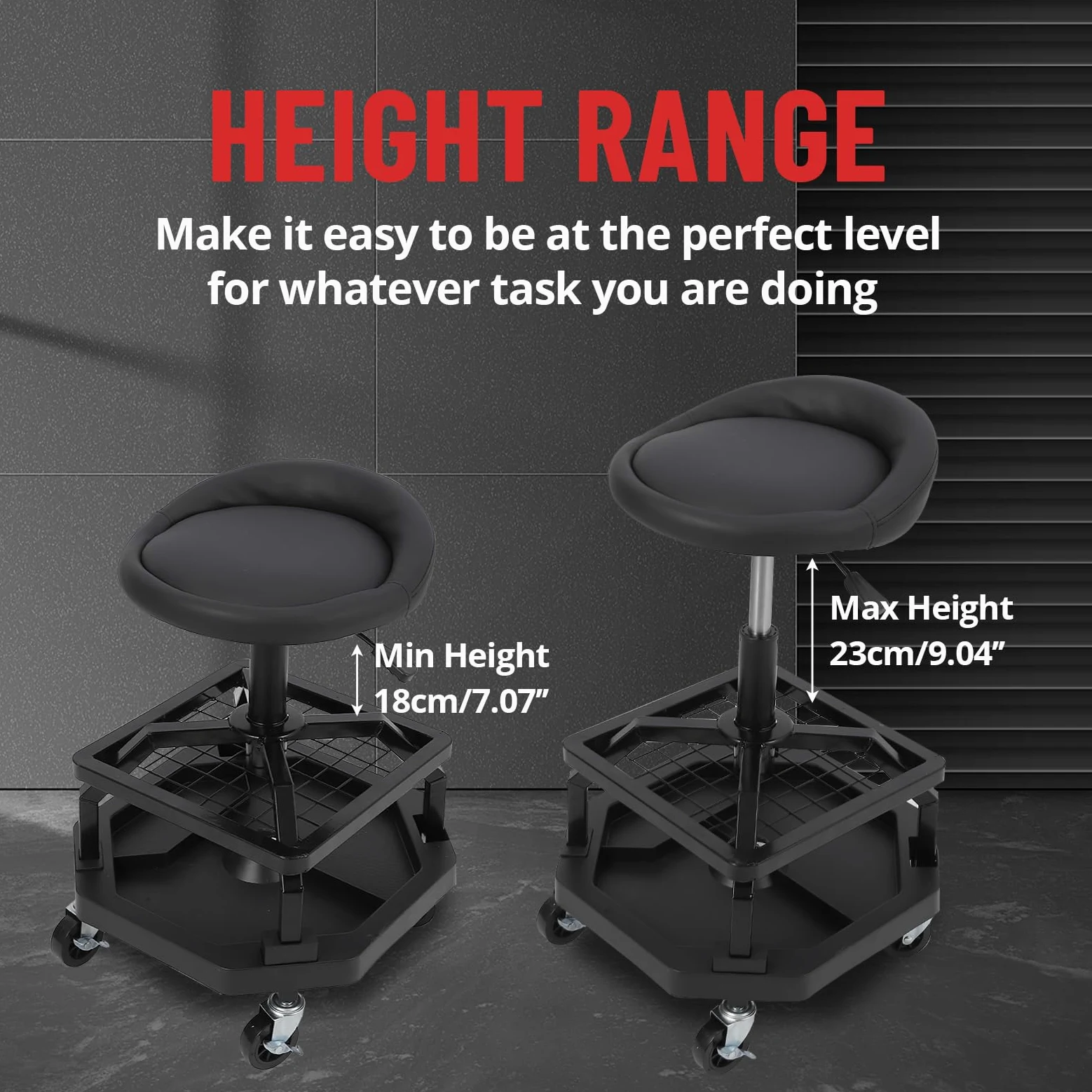 Garvee Taburete mecánico, capacidad de 300 libras, asiento de garaje con ruedas, taburete de taller rodante, resistente, para garaje, tienda y reparación de automóviles, color rojo