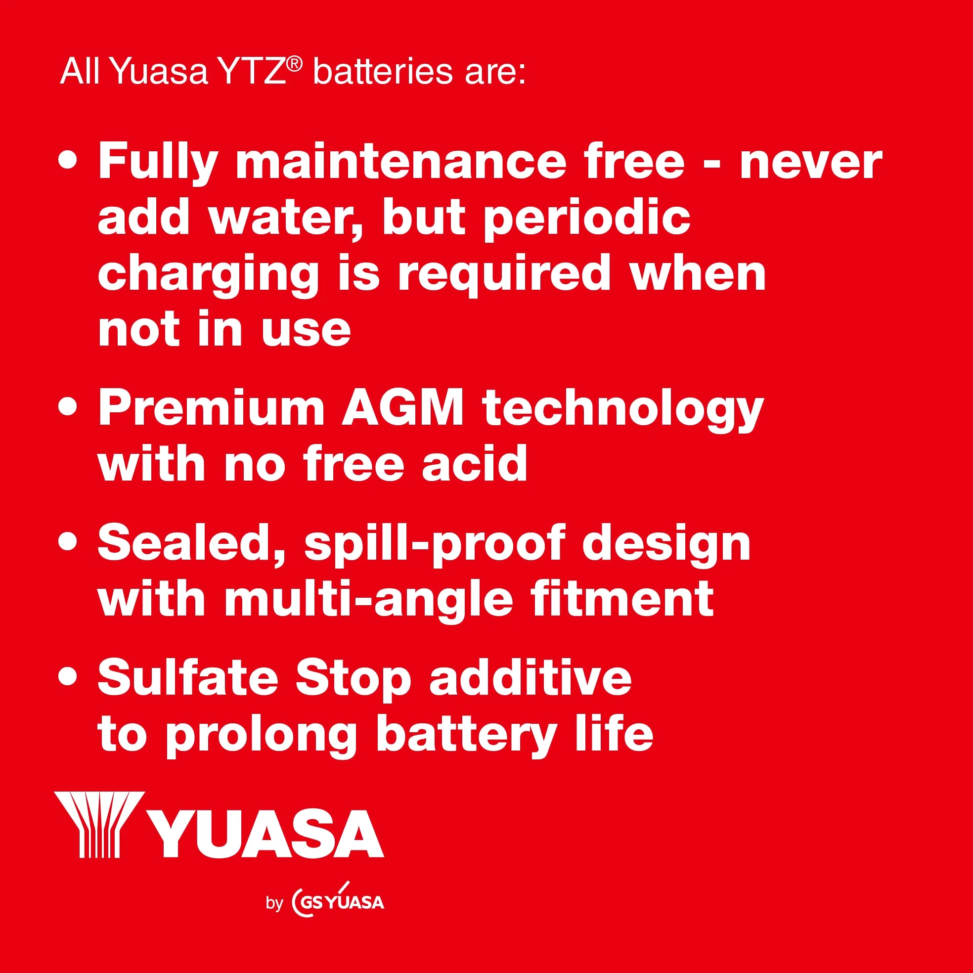 Yuasa YTZ8V 12V 120 CCA Batería de moto AGM VRLA de alto rendimiento y libre de mantenimiento