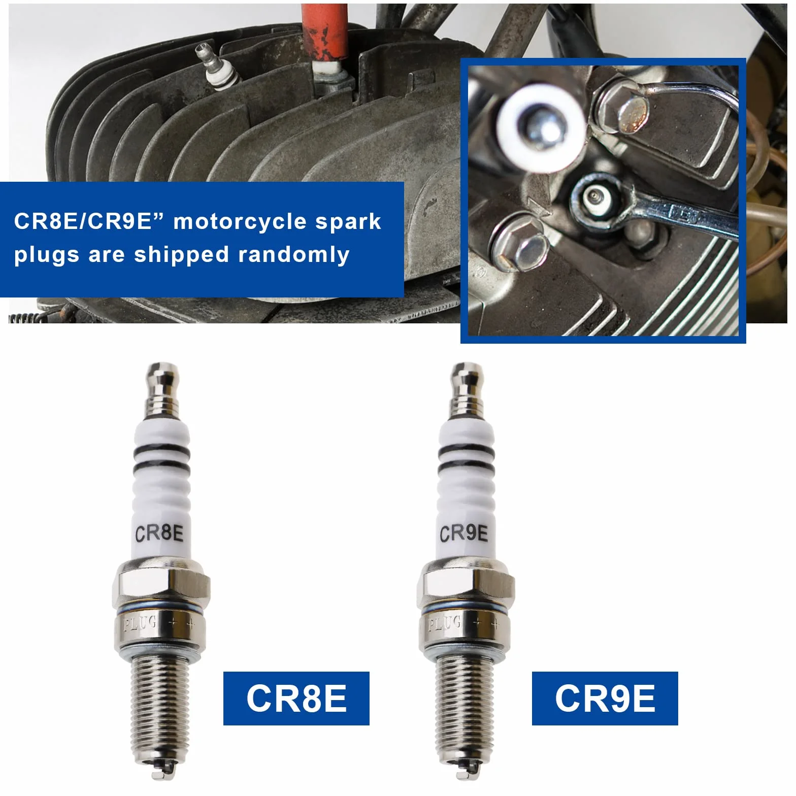 2 bujías CR8E/CR9E para motocicleta, bujía de repuesto, rosca de 0.394 in, eficiencia de combustible mejorada para RG94C (entrega aleatoria CR8E/CR9E)