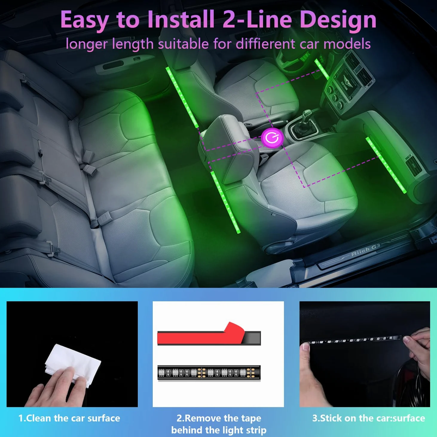 Tiras de luz LED para coche con control de aplicación inteligente de 4 hilos, kit de 72 luces LED multicolor con sincronización de música para coches, camiones, SUV a través de encendedor de