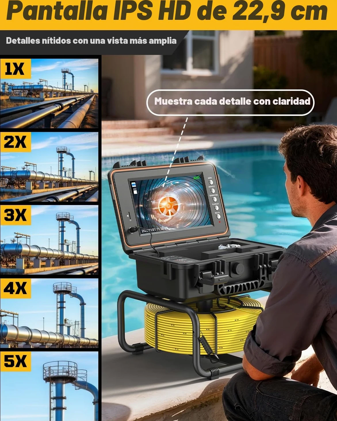 Camara Inspeccion Tuberias 30M con Sonda 512Hz | 1080P HD, Autonivelante, DVR, Cable de 7MM, Impermeable IP68, Adecuada para Alcantarillado, Tuberías, Piscinas y Desagües