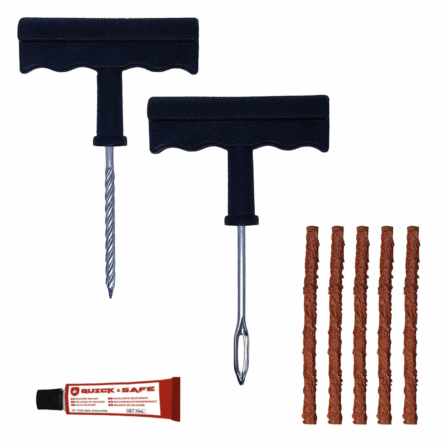 S SUMEX Kit de Reparación de Pinchazos para Neumáticos, Válido para Todo Tipo de Ruedas, con 5 Mechas, 2 Herramientas y Bote Sellante