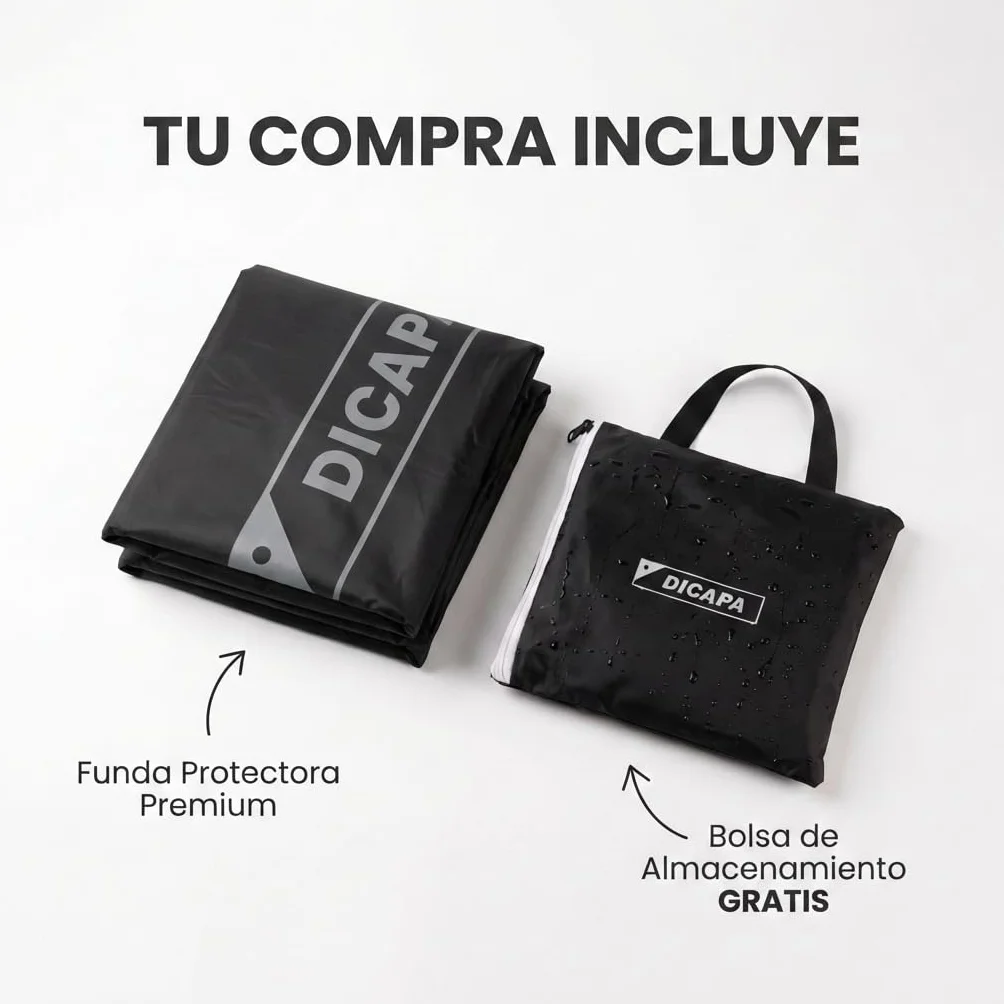 DICAPA Funda Moto Impermeable 245x105x125cm (XXL) Resistente al Agua, Viento, Nieve y Rayos UV. Funda para Moto con Sistema Antirrobo y Cierre Elástico