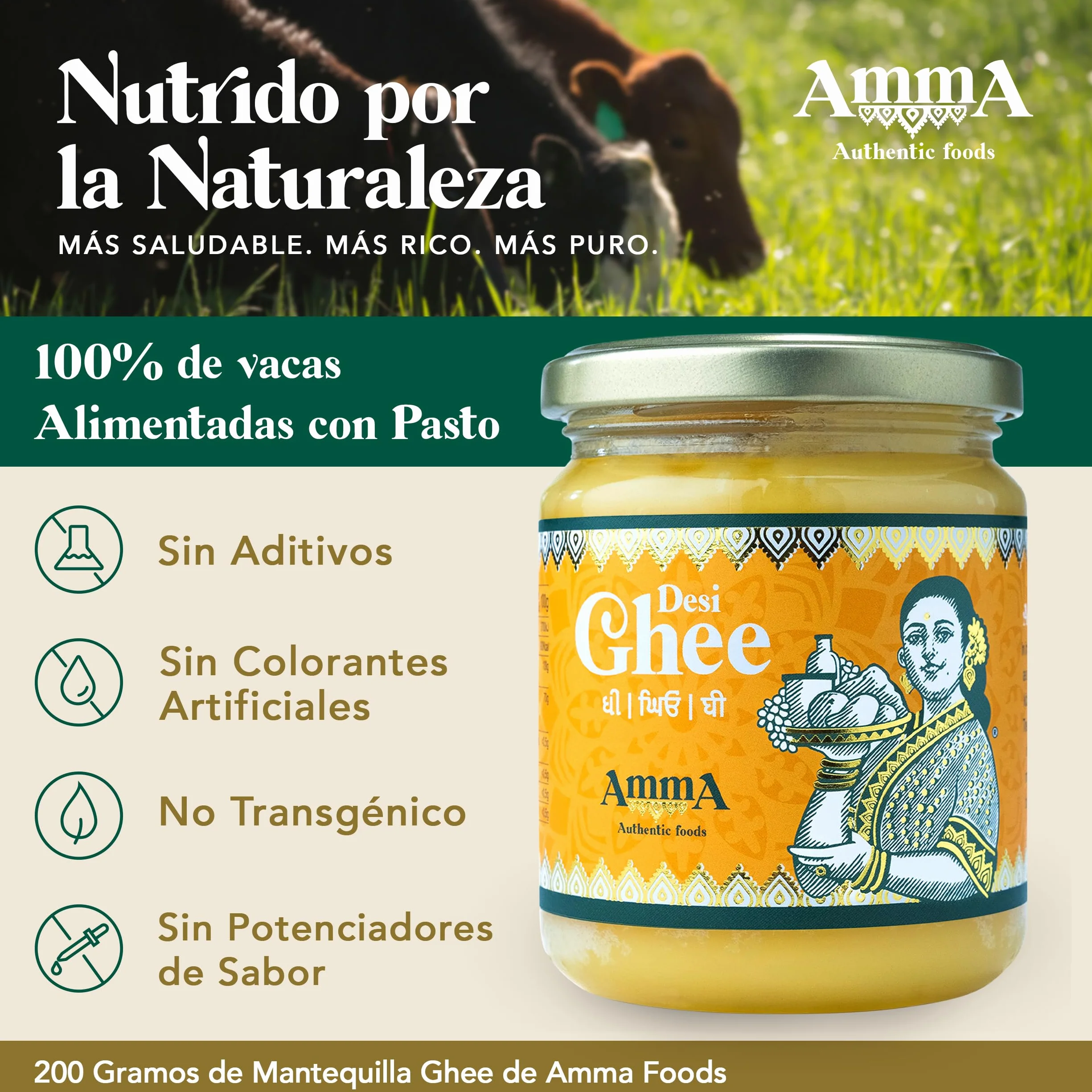 Amma Authentic Foods Ghee Mantequilla Clarificada 400g Apto para Keto y Paleo