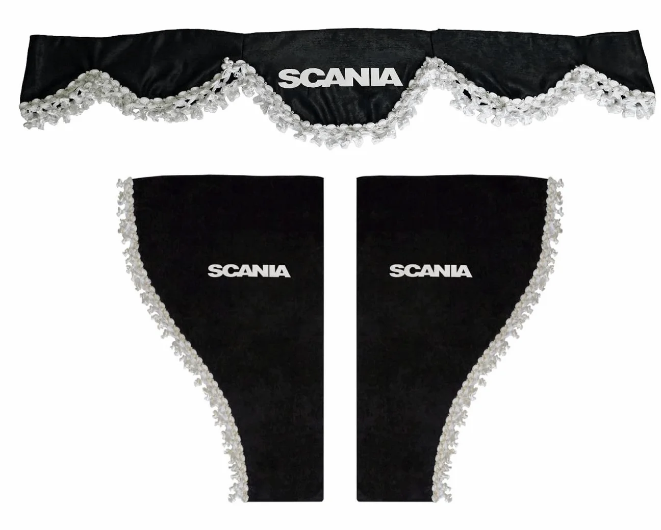 Cortinas de felpa azul con pompones blancos para camiones Scania 3 piezas