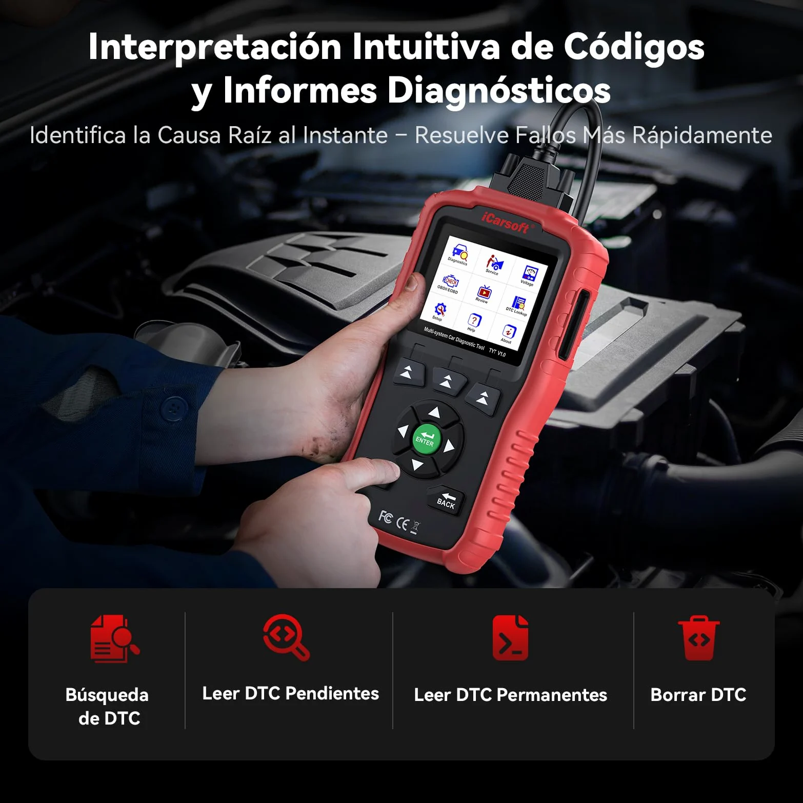 iCarsoft TYT V1.0 OBD2 Máquina Diagnosis Coche para Toyota/Corolla/Nissan/Honda/Hyundai/Kia, Escáner de Todo el Sistema, Reinicio de Aceite, Calibración SAS, Prueba de Batería, Actualización por Vida
