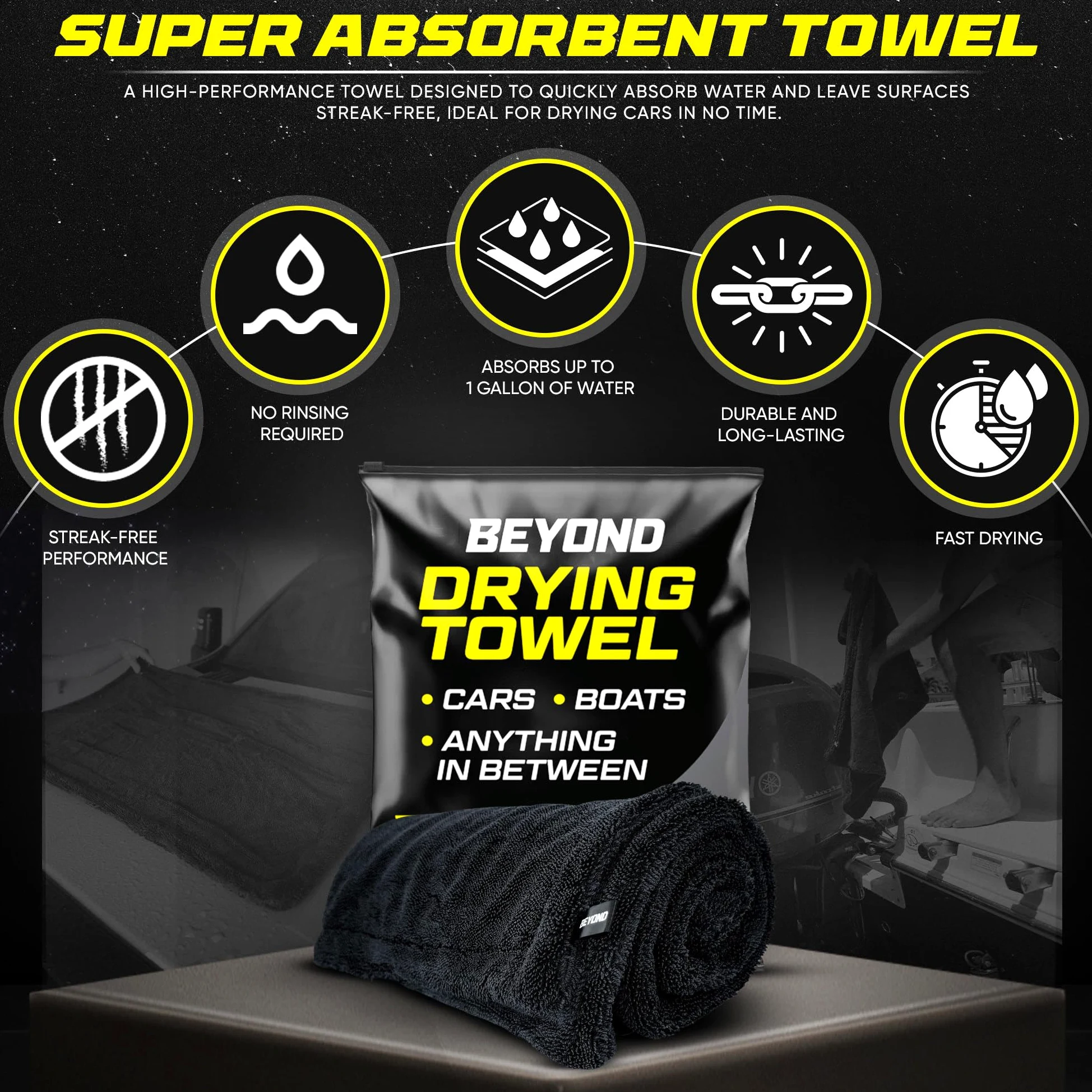 Toalla de secado Beyond | Toalla de microfibra súper absorbente para coches, barcos y limpieza
