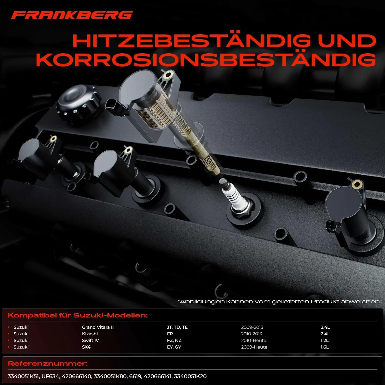 Frankberg 4 bobinas de encendido + 4 bujías de 3 Polos 3340051K51 | Compatible con: Grand Vitara II JT TD TE, Kizashi FR, SX4 EY G.Y, Swift IV FZ NZ