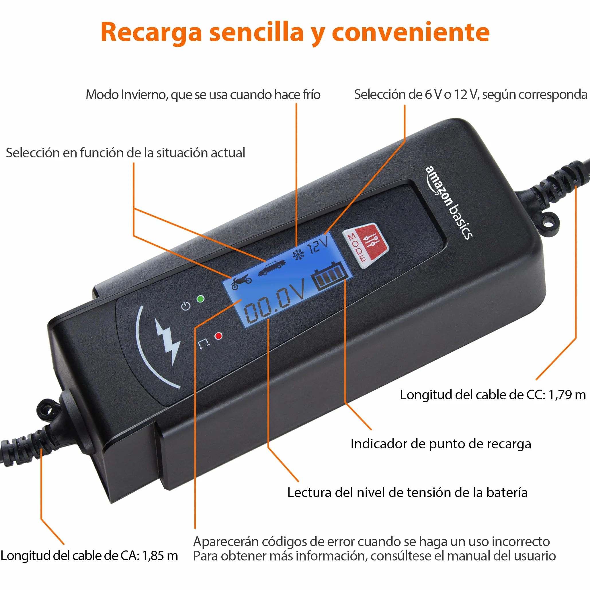 Amazon Basics Cargador de batería inteligente automático con función de probador de batería, enchufe UE, salida : 2A/4A, 6V/12V CC, Negro